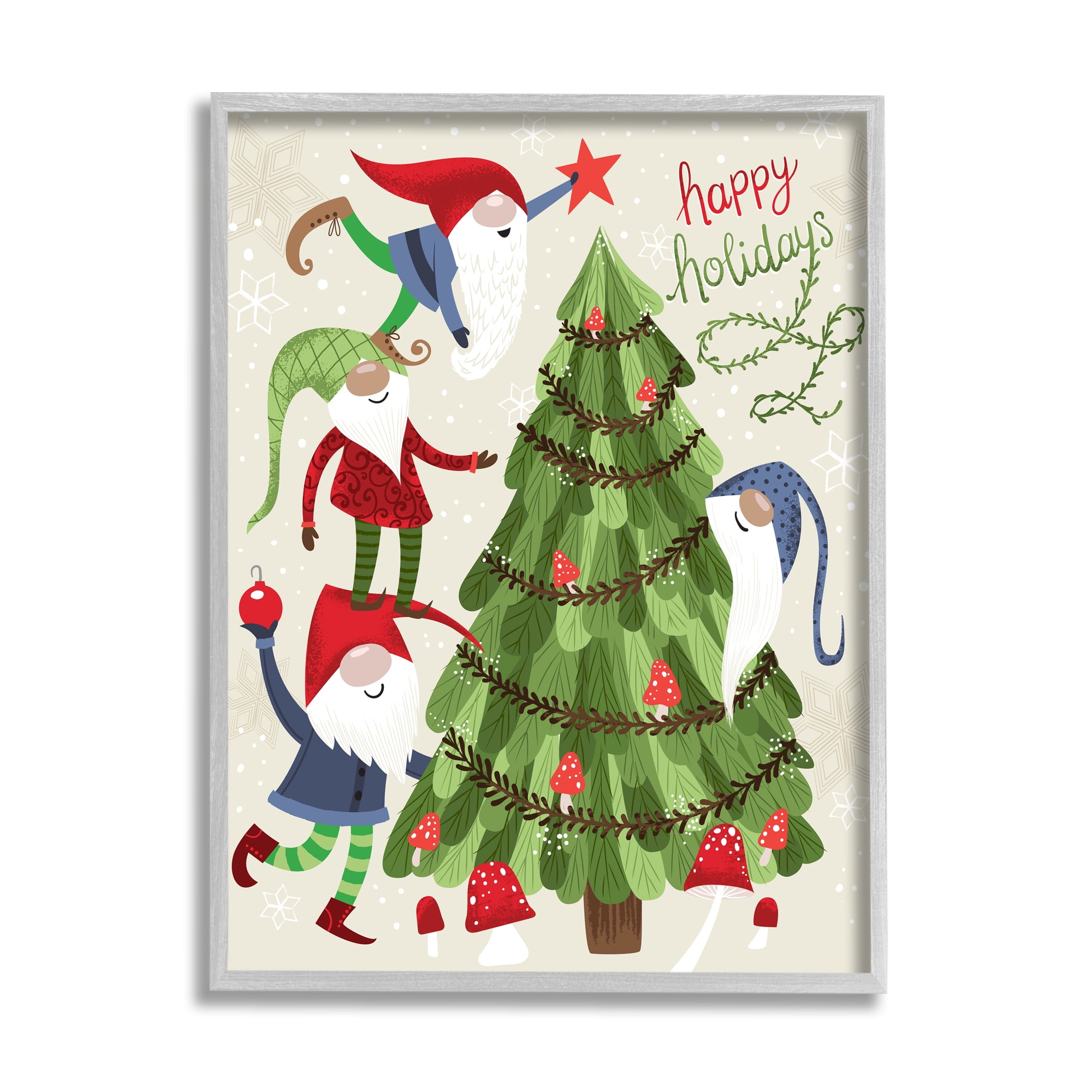 Stupell Industries Happy Holidays Christmas Gnomes Mushroom Forest Tree Coastal Painting Gray framed Art Print Wall Art, 11 x 14, Design by Arrolynn Weiderhold
