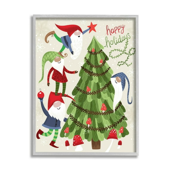 Stupell Industries Happy Holidays Christmas Gnomes Mushroom Forest Tree Coastal Painting Gray framed Art Print Wall Art, 16 x 20, Design by Arrolynn Weiderhold