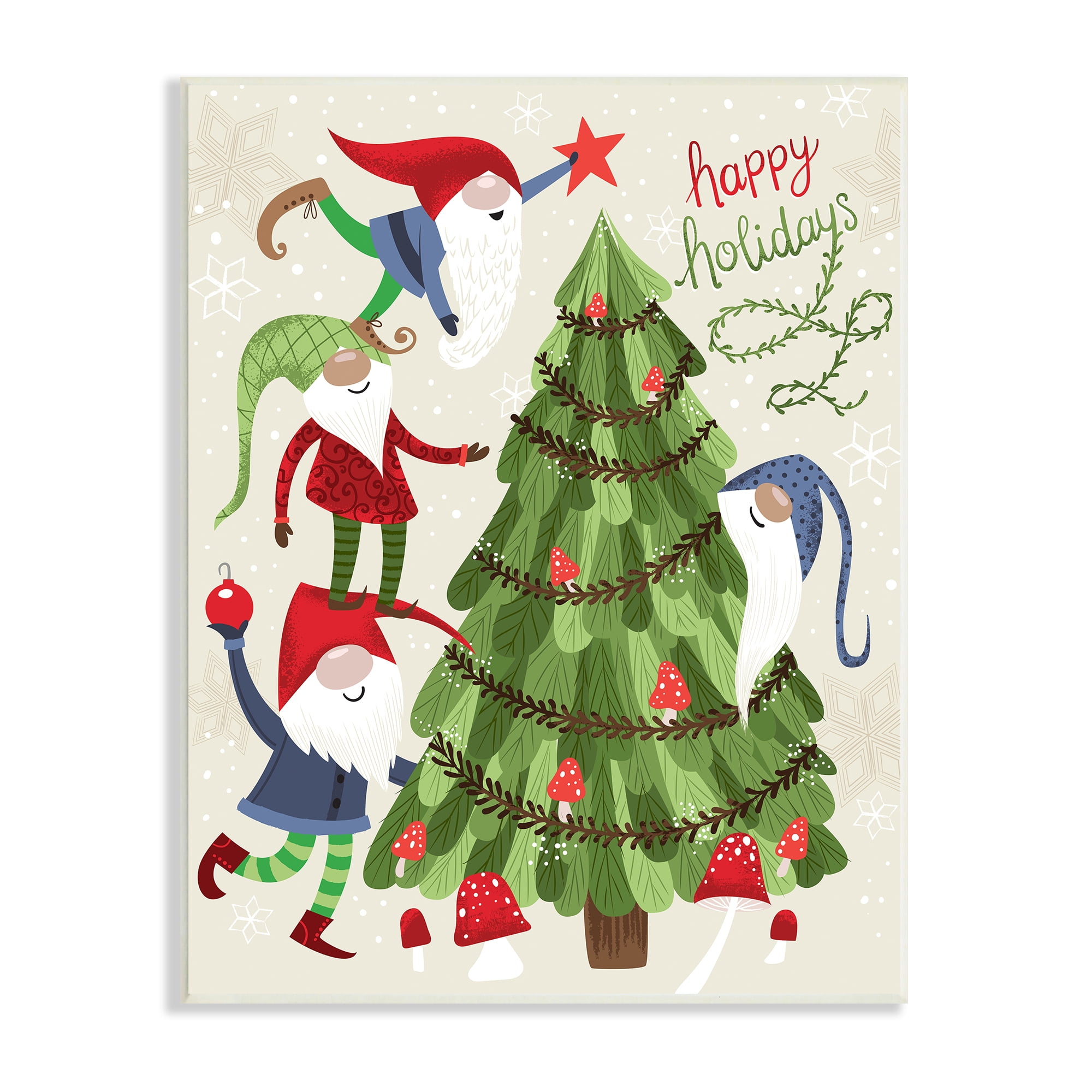 Stupell Industries Happy Holidays Christmas Gnomes Mushroom Forest Tree Coastal Painting Unframed Art Print Wall Art, 13 x 19, Design by Arrolynn Weiderhold