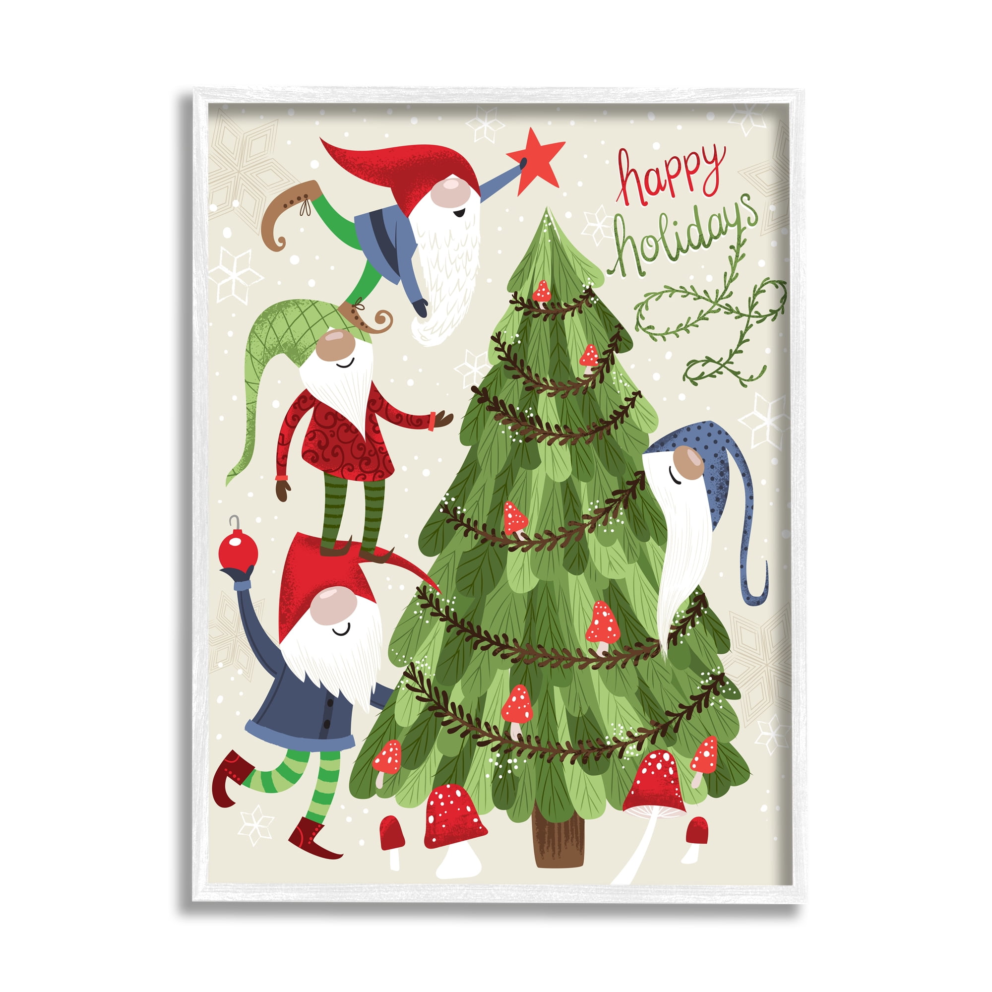 Stupell Industries Happy Holidays Christmas Gnomes Mushroom Forest Tree Coastal Painting White Framed Art Print Wall Art, 16 x 20, Design by Arrolynn Weiderhold