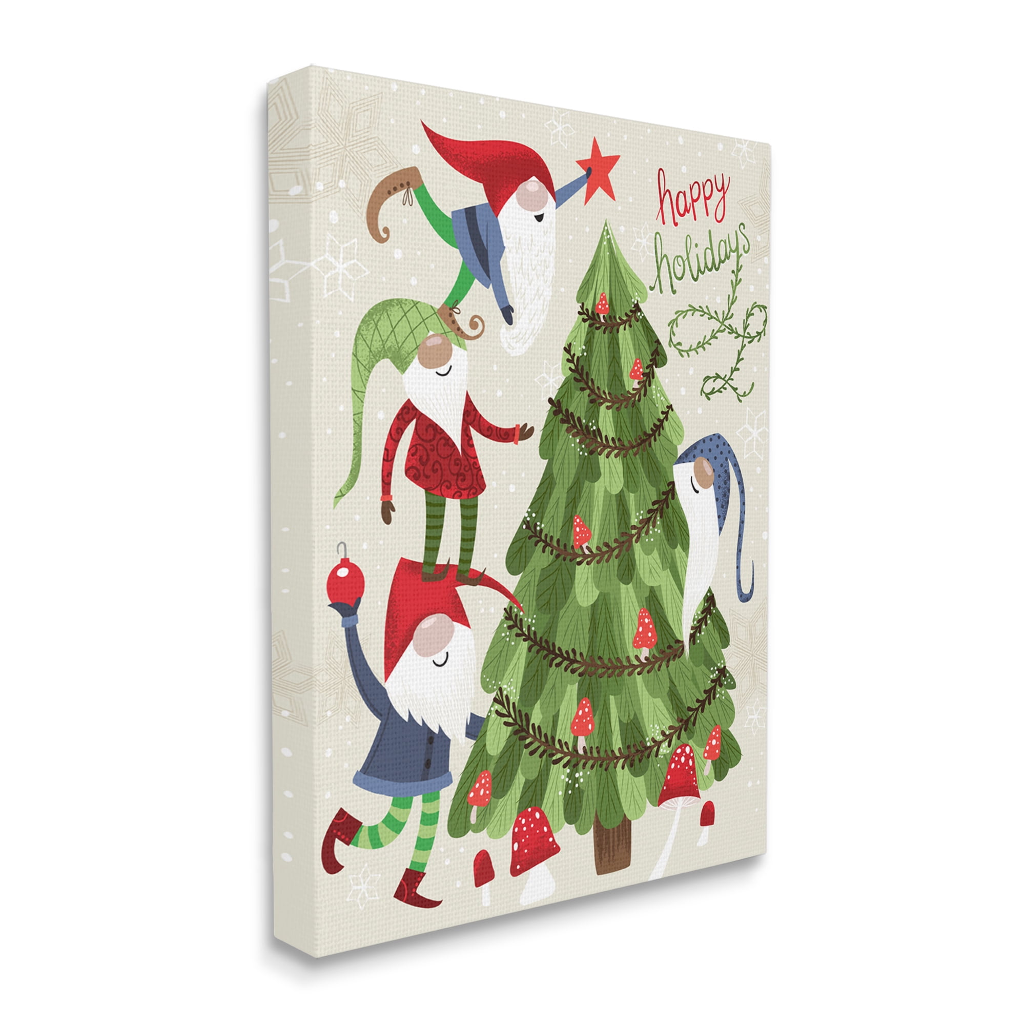 Stupell Industries Happy Holidays Christmas Gnomes Mushroom Forest Tree Fairy Tales & Fantasy Painting Gallery Wrapped Canvas Print Wall Art, 36 x 48