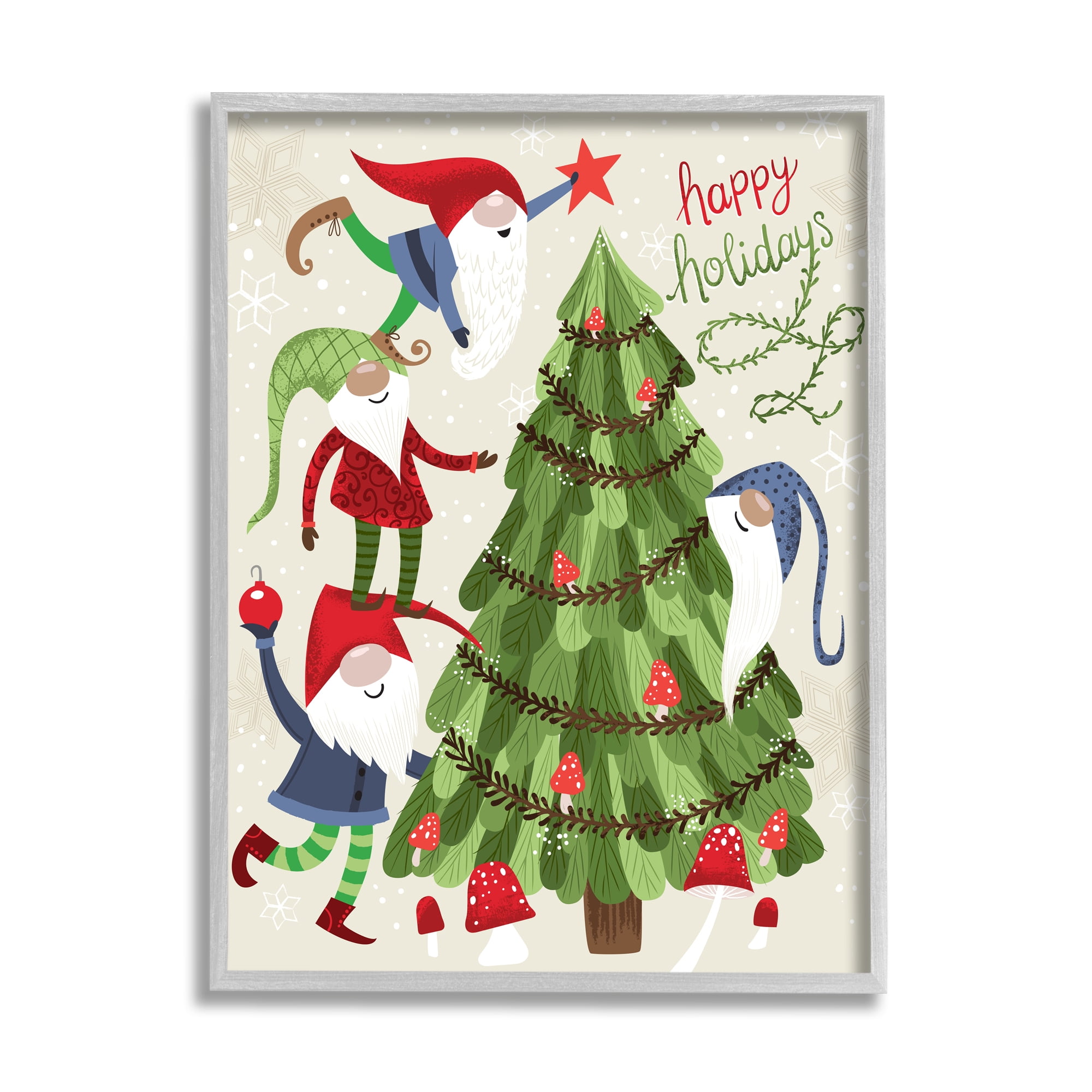 Stupell Industries Happy Holidays Christmas Gnomes Mushroom Forest Tree Fairy Tales & Fantasy Painting Gray Framed Art Print Wall Art, 24 x 30