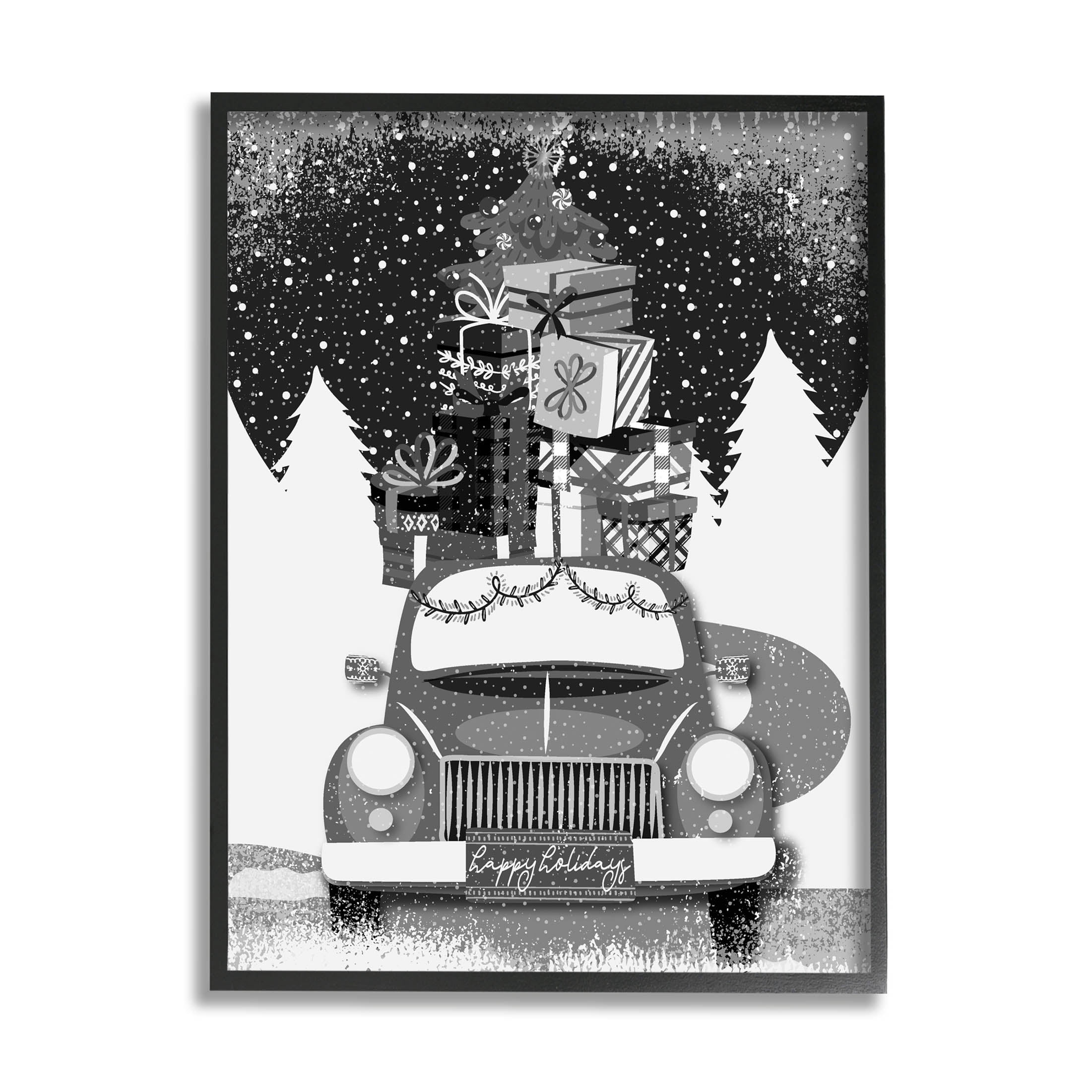 Stupell Industries Happy Holidays Gifts Car Graphic Art Black Framed Art Print Wall Art, Design by Andrea Jasid Grassi