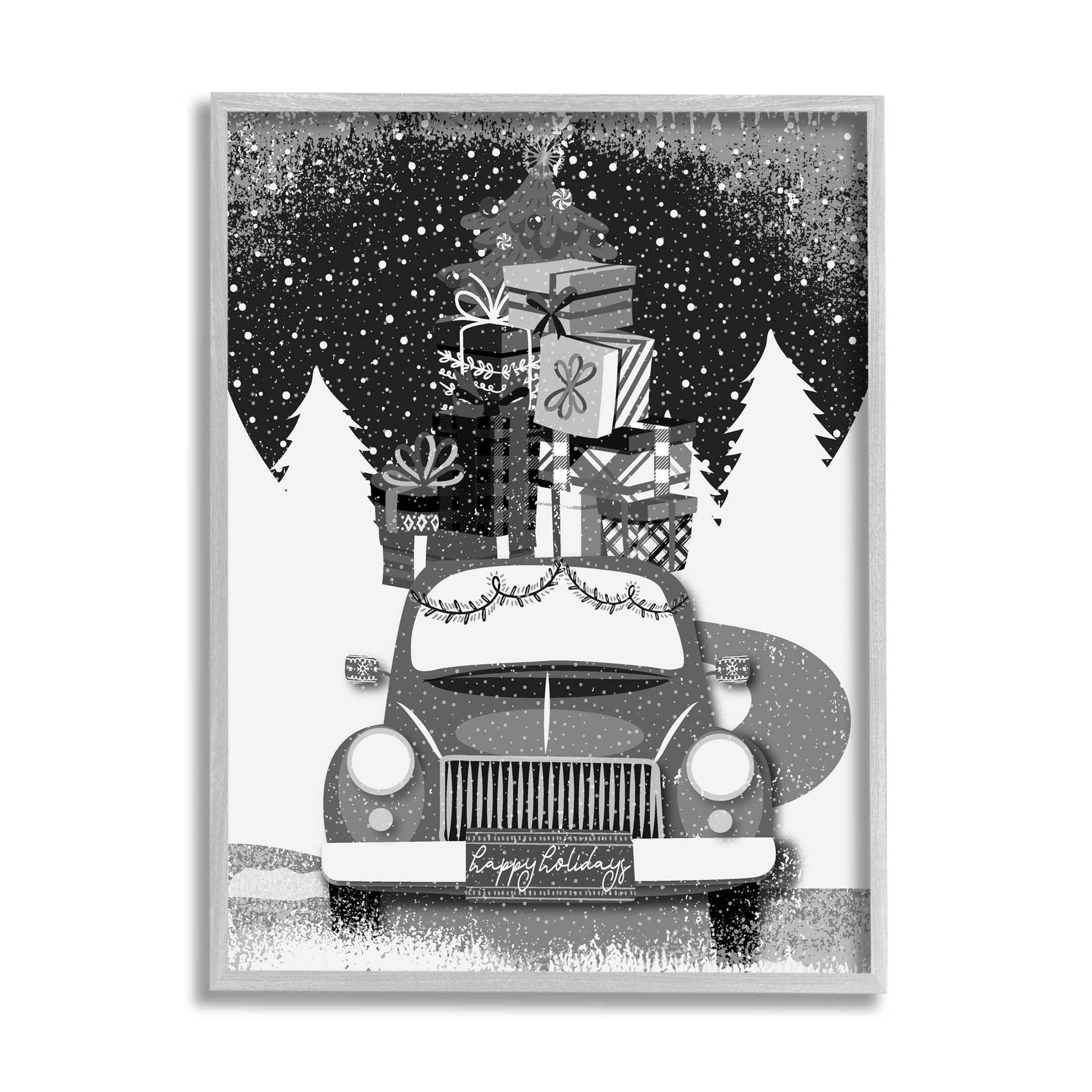 Stupell Industries Happy Holidays Gifts Car Graphic Art Gray Framed Art Print Wall Art, Design by Andrea Jasid Grassi