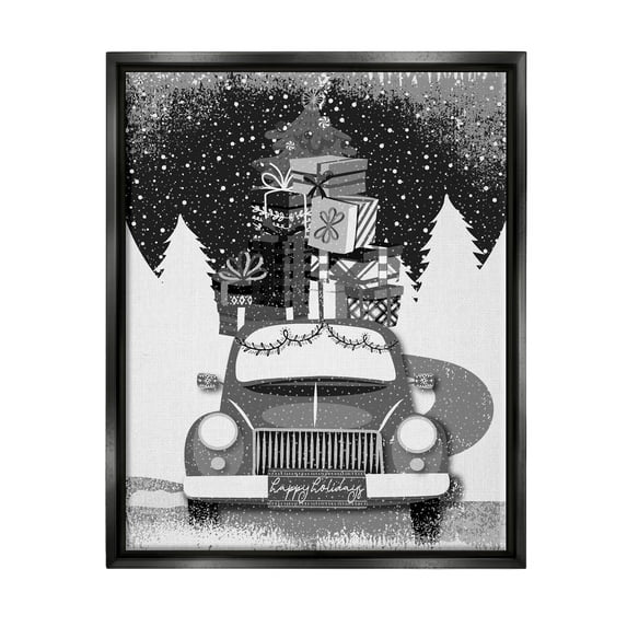 Stupell Industries Happy Holidays Gifts Car Graphic Art Jet Black Floating Framed Canvas Print Wall Art, Design by Andrea Jasid Grassi