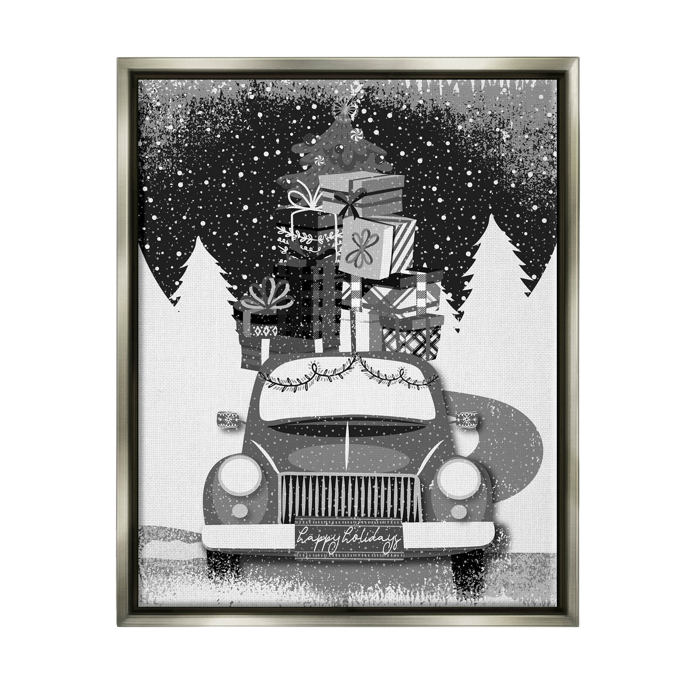 Stupell Industries Happy Holidays Gifts Car Graphic Art Luster Gray Floating Framed Canvas Print Wall Art, Design by Andrea Jasid Grassi