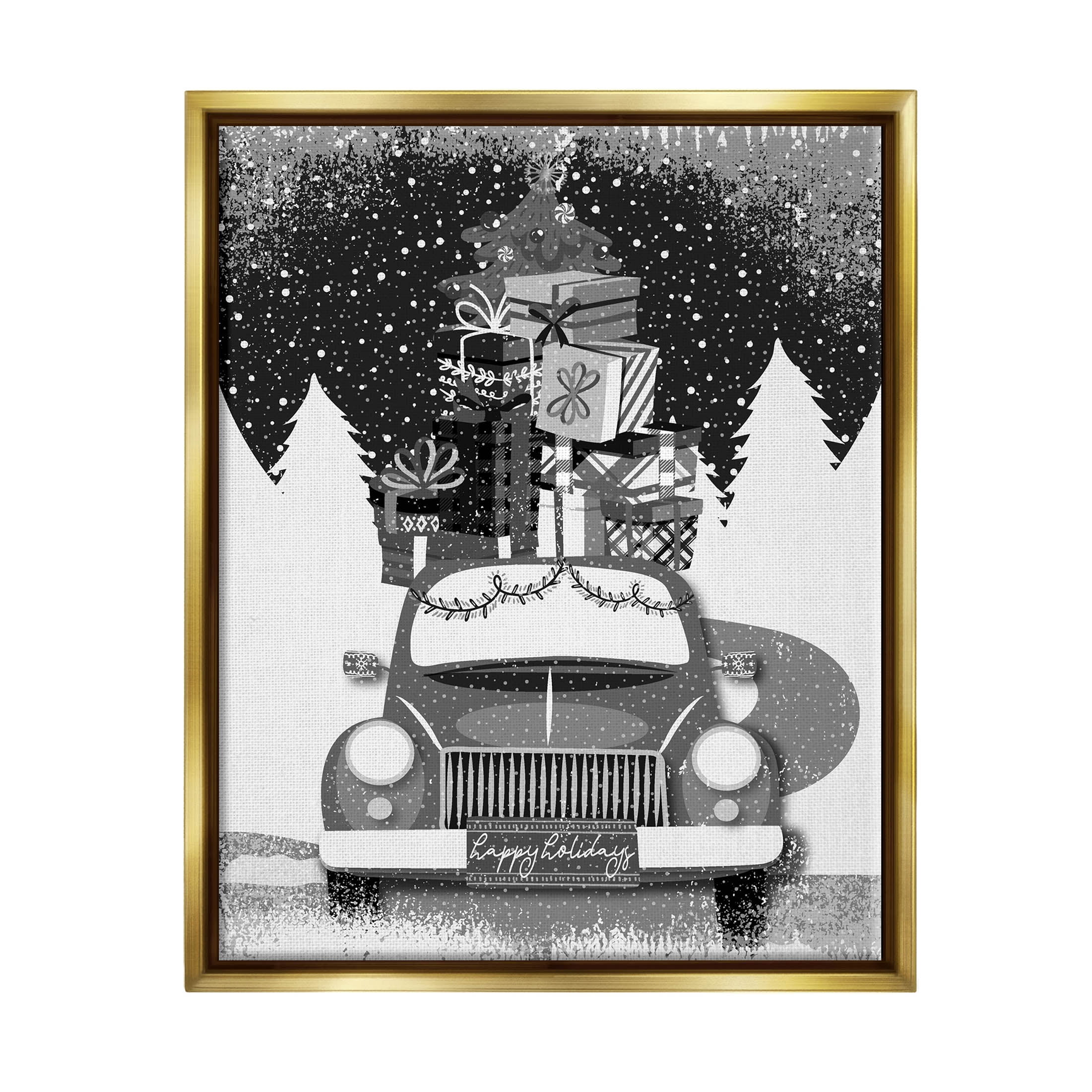 Stupell Industries Happy Holidays Gifts Car Graphic Art Metallic Gold Floating Framed Canvas Print Wall Art, Design by Andrea Jasid Grassi