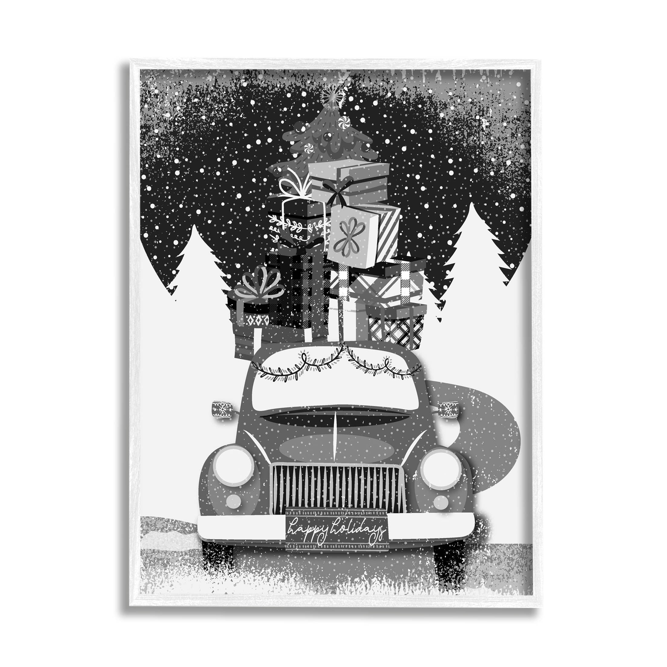 Stupell Industries Happy Holidays Gifts Car Graphic Art White Framed Art Print Wall Art, Design by Andrea Jasid Grassi