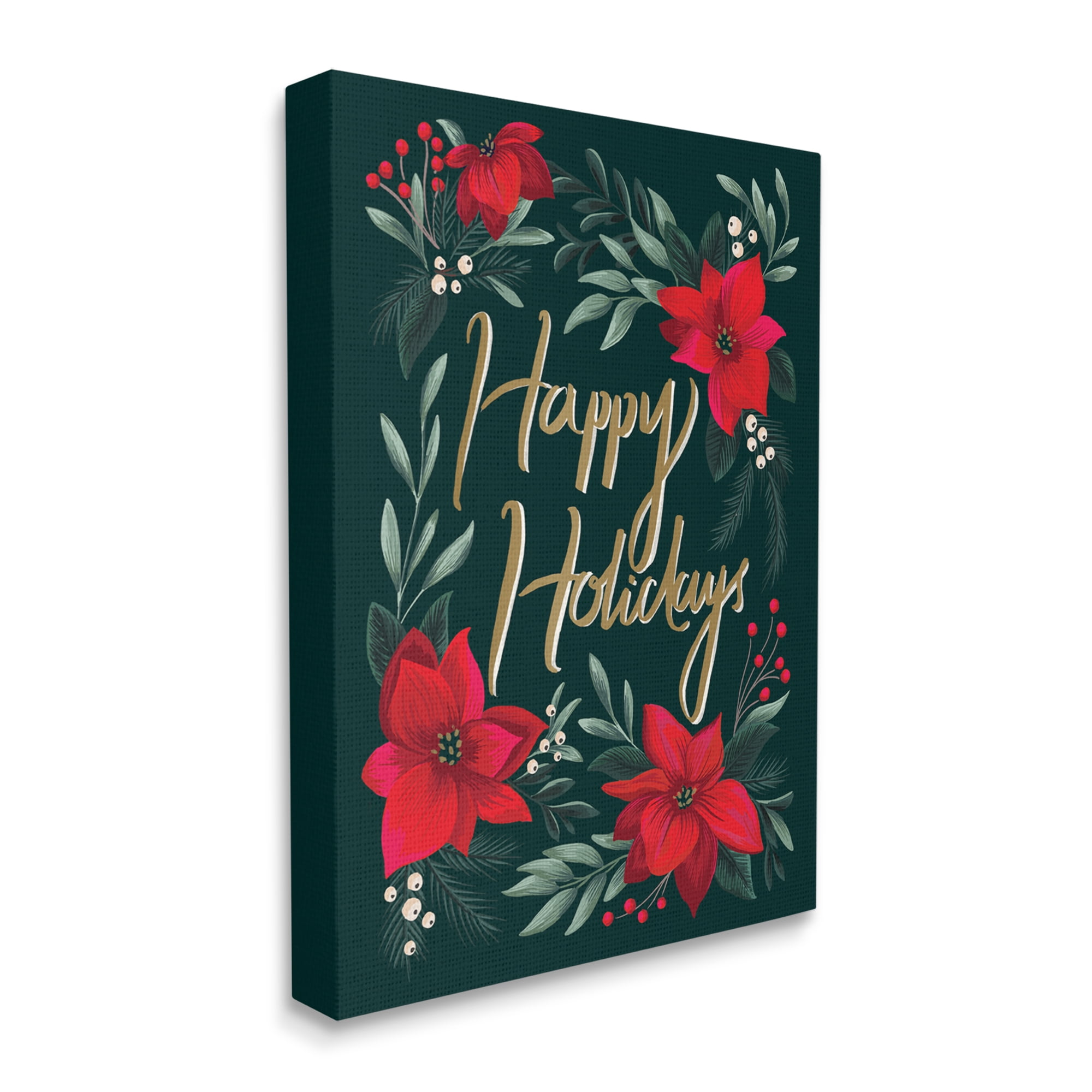 Stupell Industries Happy Holidays Greeting Red Winter Poinsettia Florals Botanical & Floral Painting Gallery Wrapped Canvas Print Wall Art, 36 x 48