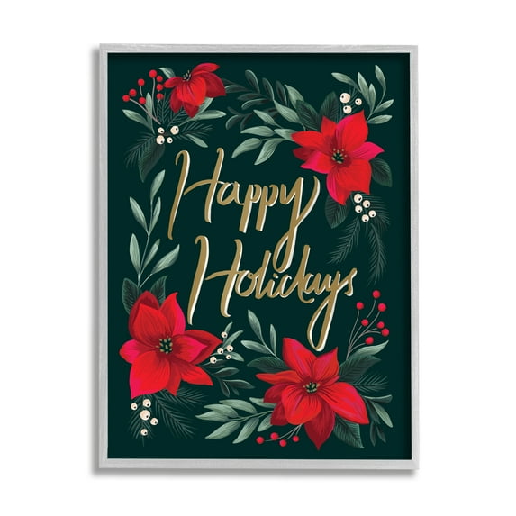 Stupell Industries Happy Holidays Greeting Red Winter Poinsettia Florals Botanical & Floral Painting Gray Framed Art Print Wall Art, 16 x 20