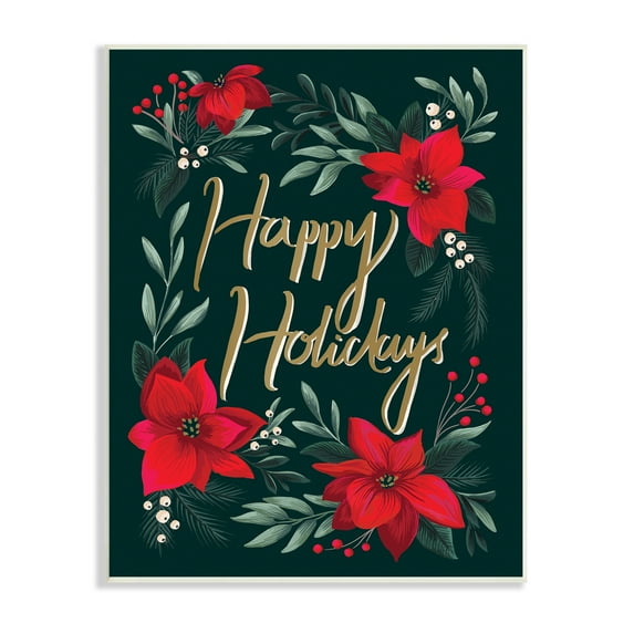 Stupell Industries Happy Holidays Greeting Red Winter Poinsettia Florals Botanical & Floral Painting Unframed Art Print Wall Art, 10 x 15