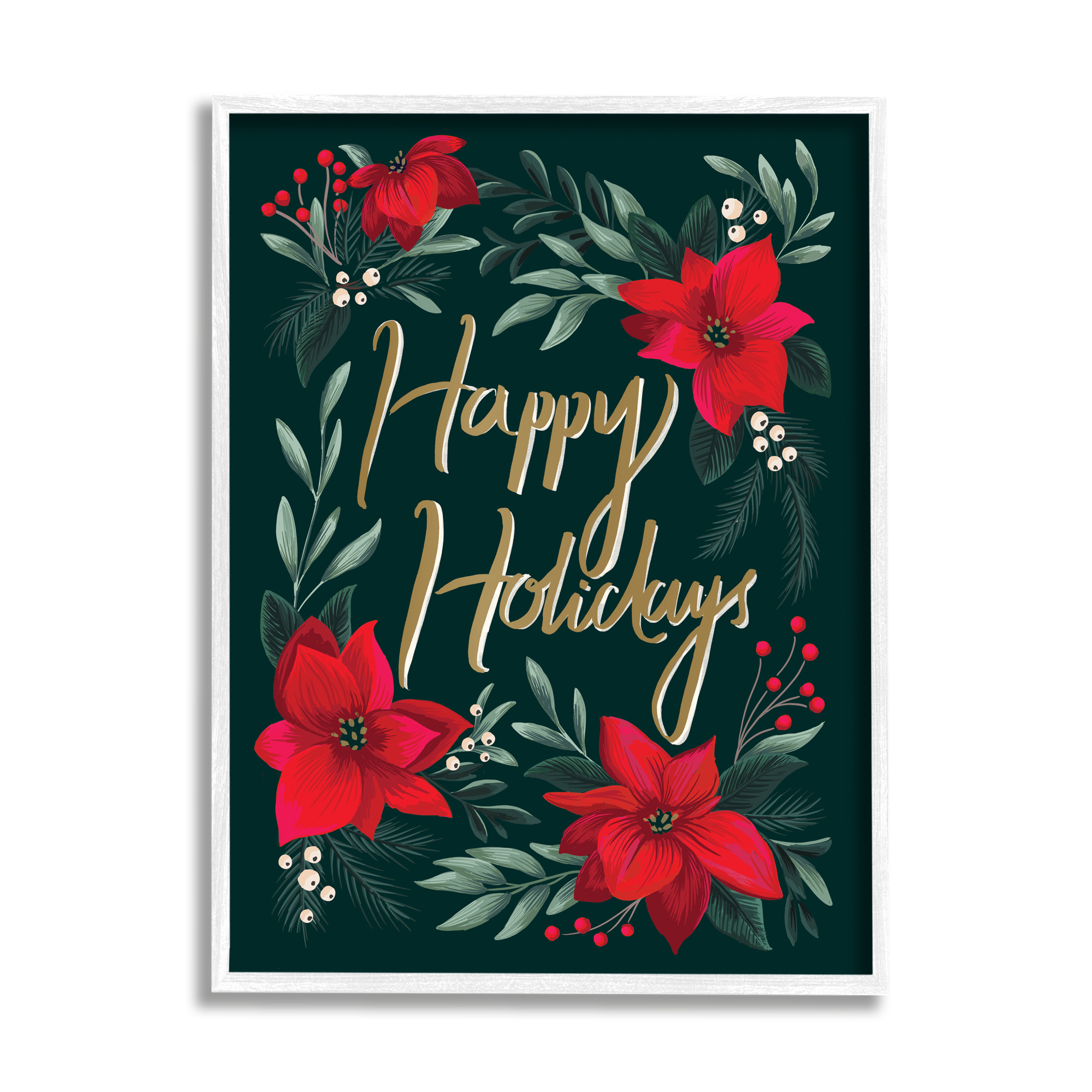 Stupell Industries Happy Holidays Greeting Red Winter Poinsettia Florals Botanical & Floral Painting White Framed Art Print Wall Art, 24 x 30