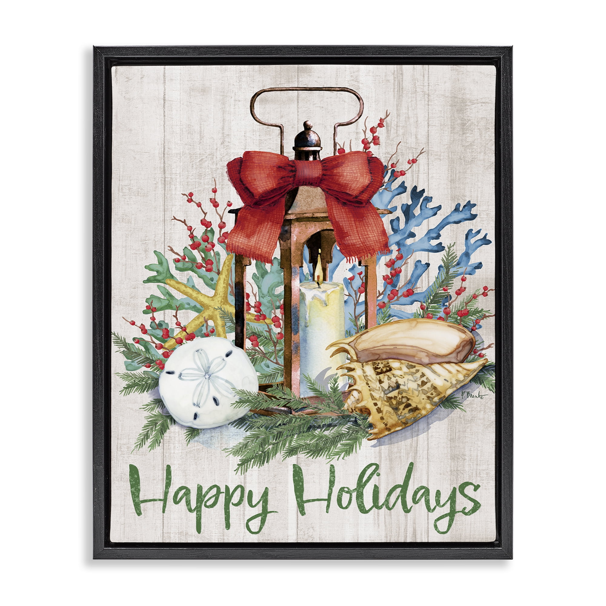 Stupell Industries Happy Holidays Nautical Lantern Holiday Painting Black Floater Framed Canvas Art Print Wall Art, 17 x 21
