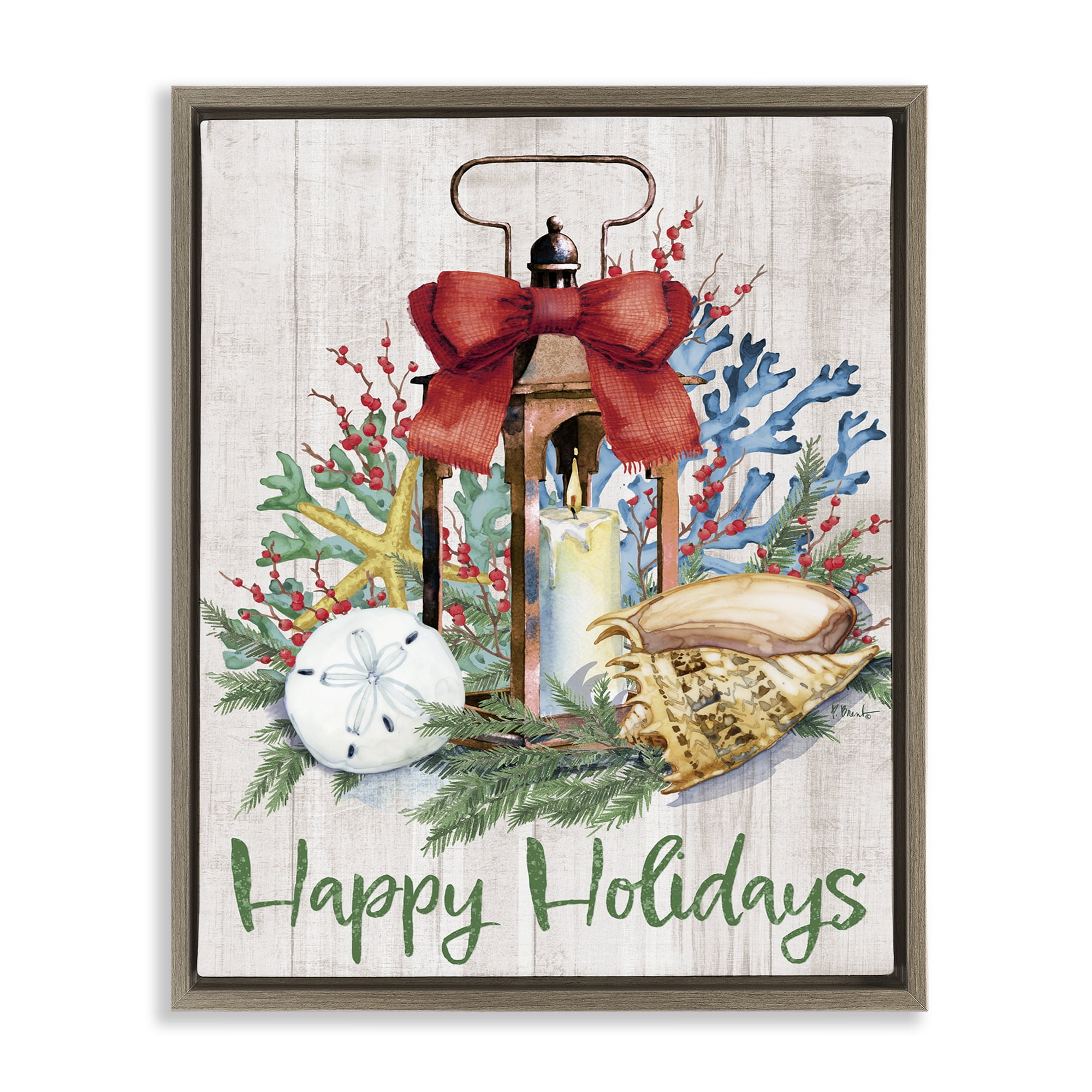 Stupell Industries Happy Holidays Nautical Lantern Holiday Painting Brown Floater Framed Canvas Art Print Wall Art, 17 x 21