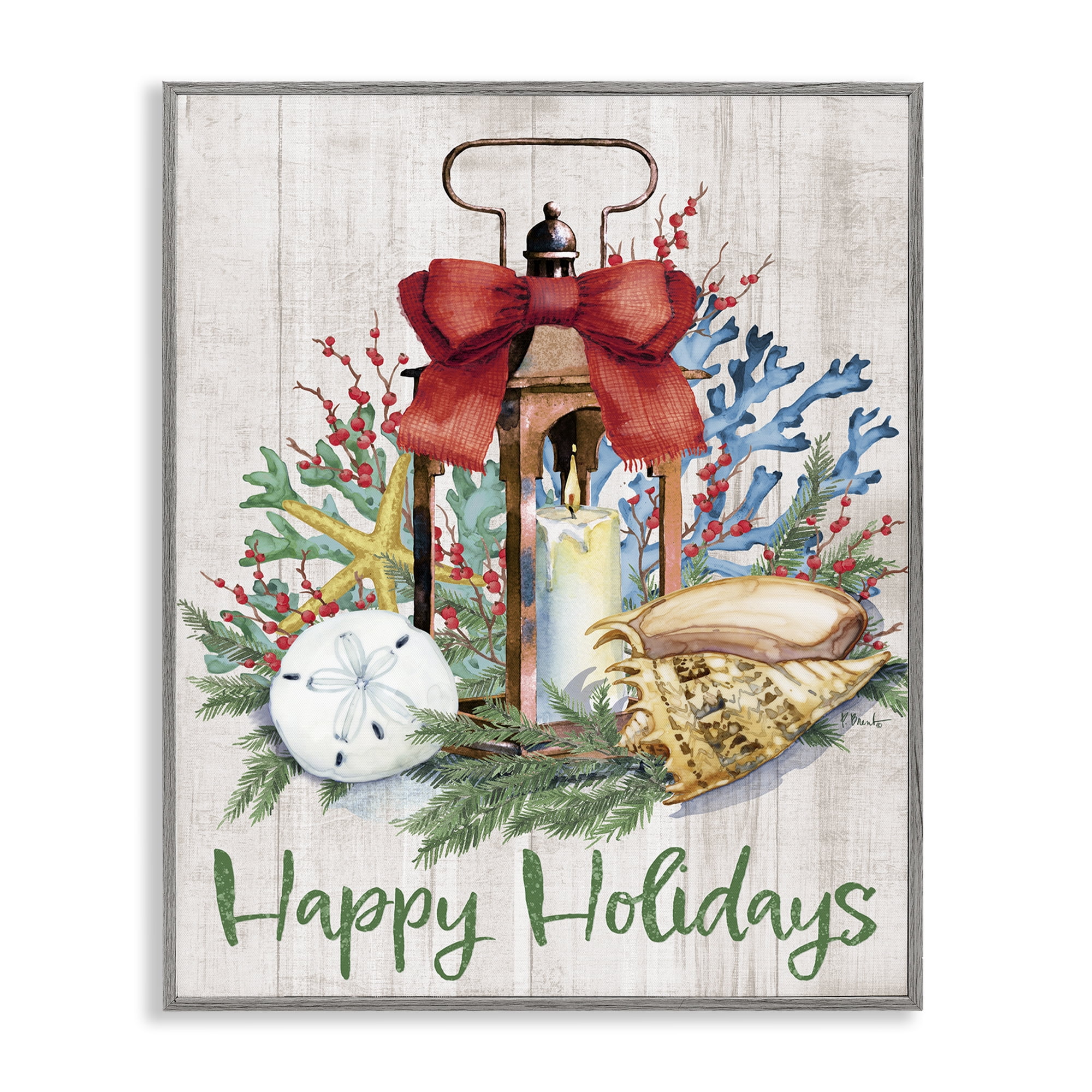 Stupell Industries Happy Holidays Nautical Lantern Holiday Painting Gray Framed Art Print Wall Art, 16 x 20