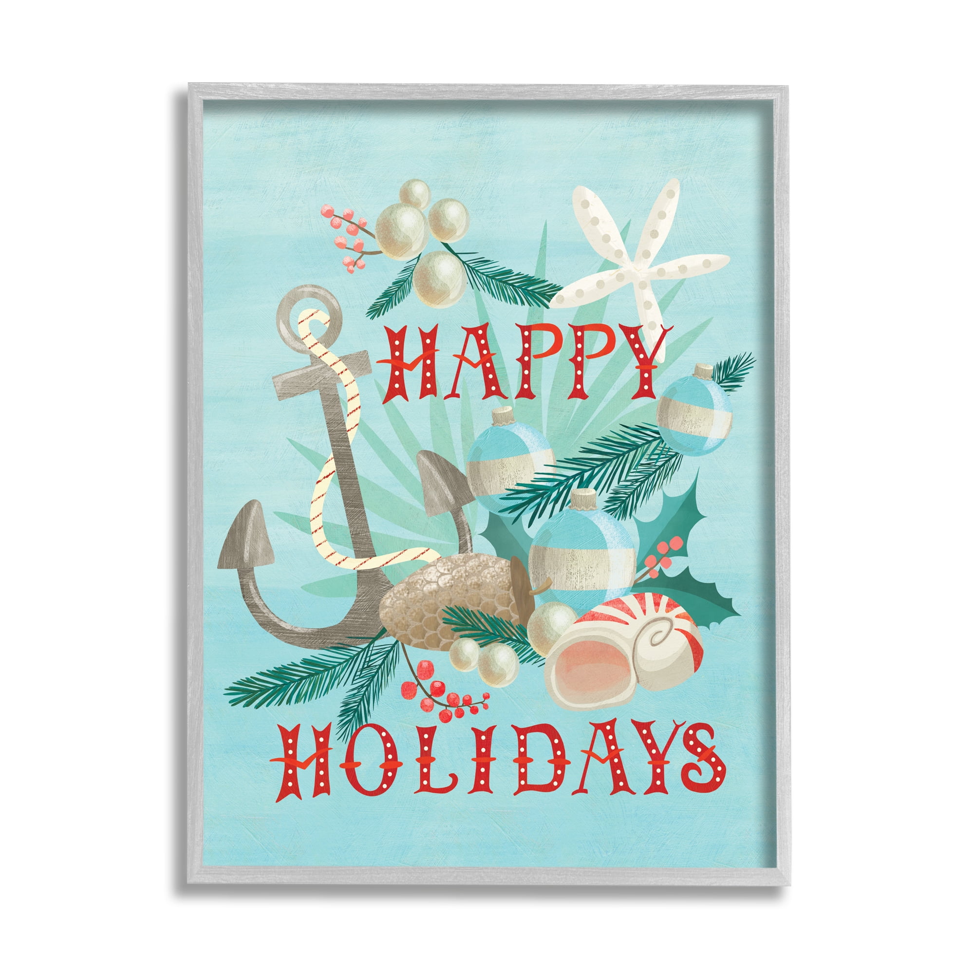 Stupell Industries Happy Holidays Nautical Phrase Beach Anchor Seashells Modern Painting Gray framed Art Print Wall Art, 24 x 30, Design by Laura Watson