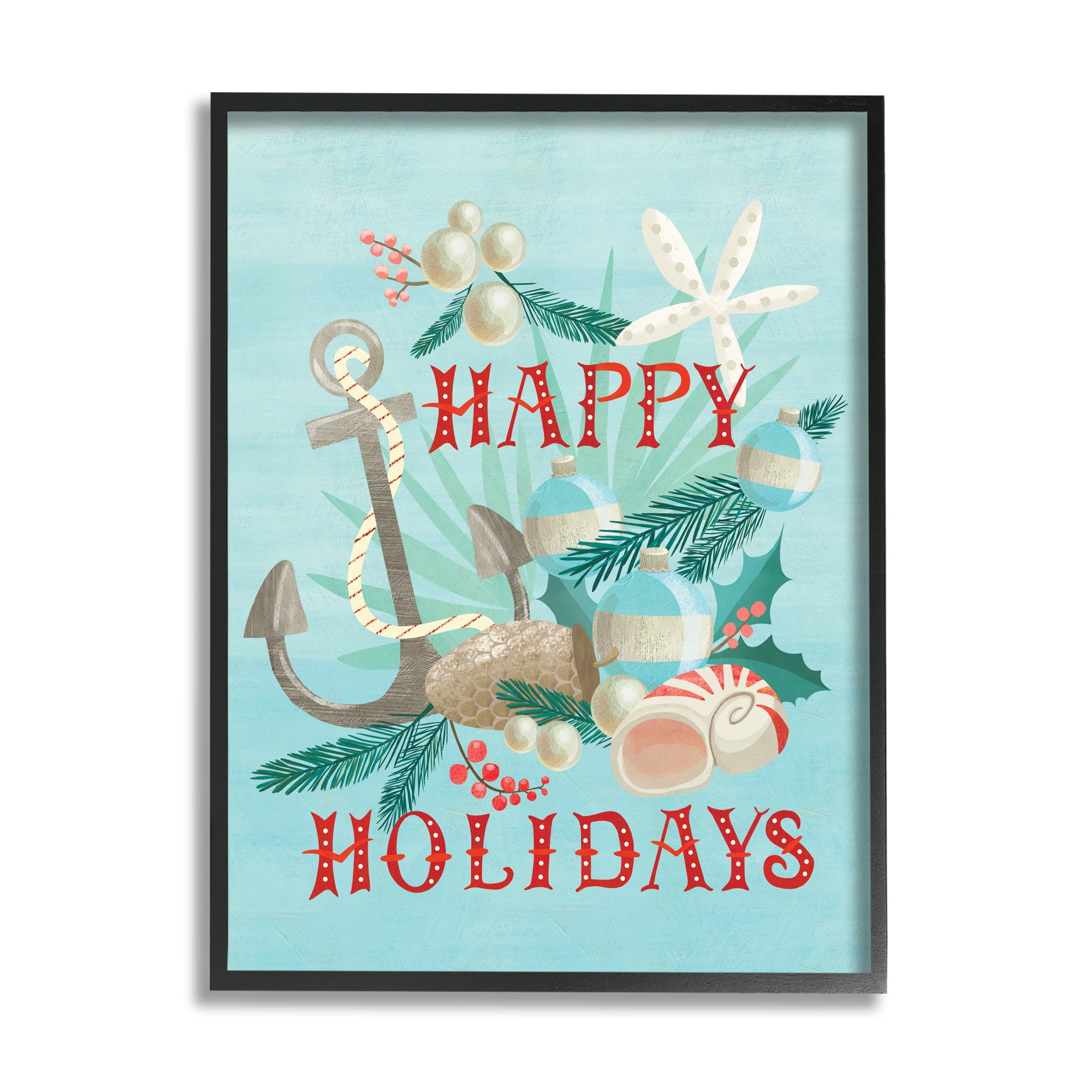 Stupell Industries Happy Holidays Nautical Phrase Beach Anchor Seashells Nature Painting Black Framed Art Print Wall Art, 24 x 30