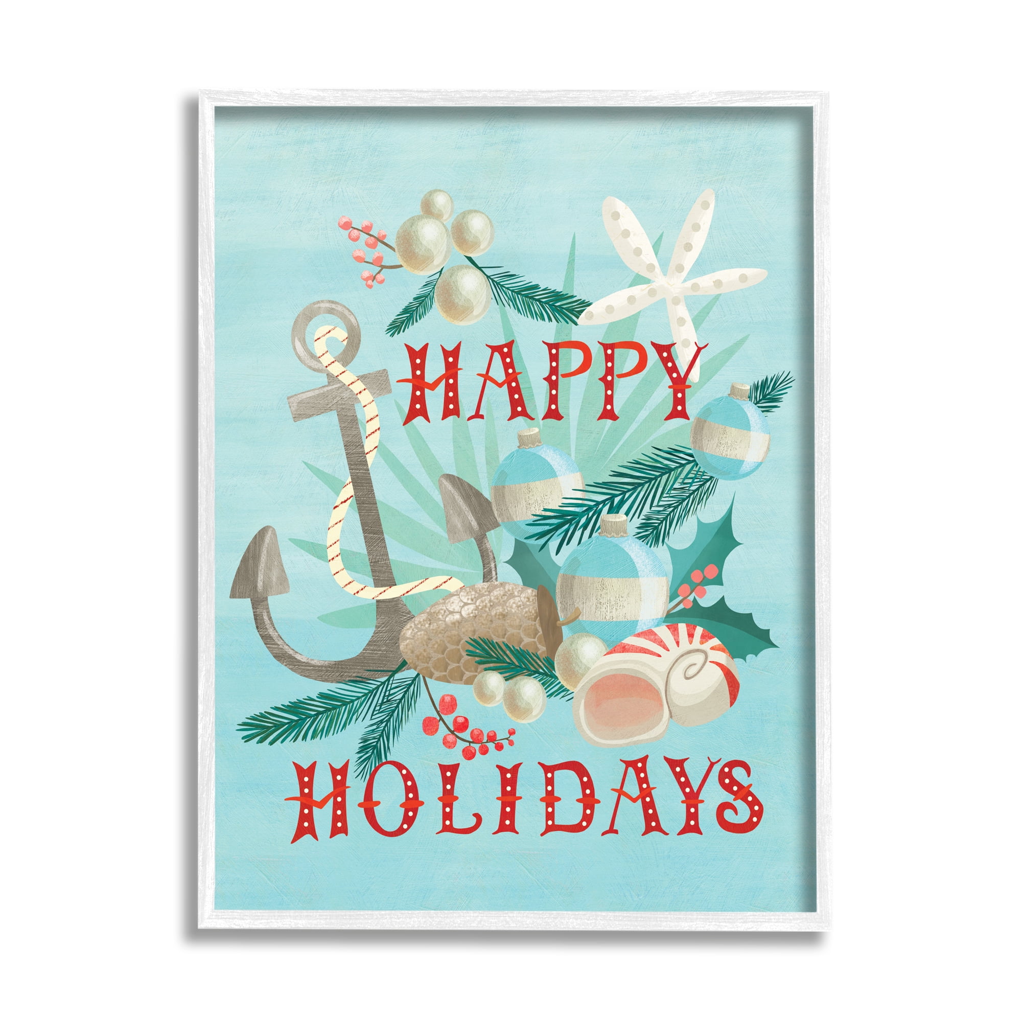 Stupell Industries Happy Holidays Nautical Phrase Beach Anchor Seashells Nature Painting White Framed Art Print Wall Art, 11 x 14