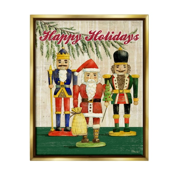 Stupell Industries Happy Holidays Nutcrackers Holiday Painting Gold Floater Framed Art Print Wall Art, 17 x 21