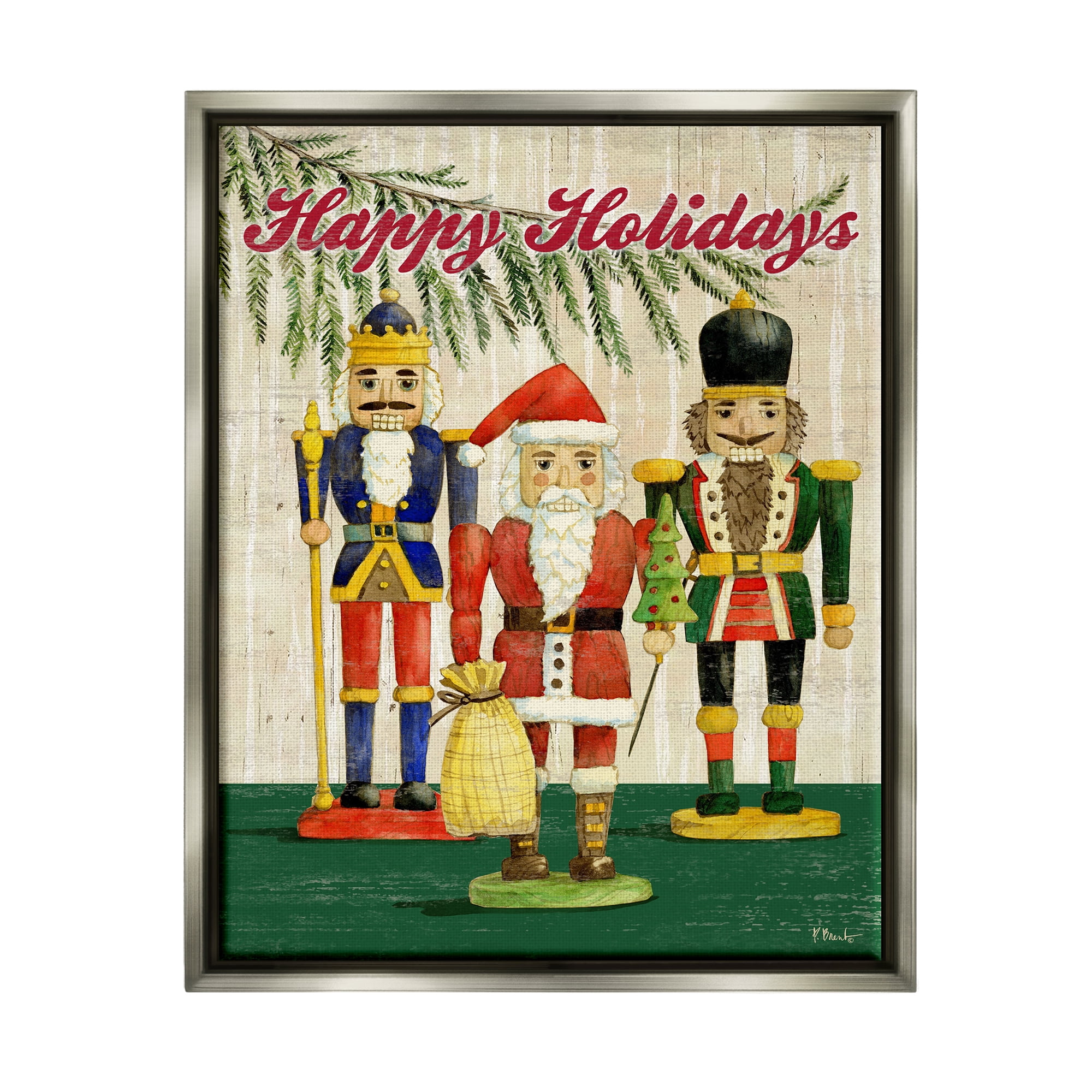 Stupell Industries Happy Holidays Nutcrackers Holiday Painting Gray Floater Framed Art Print Wall Art, 17 x 21