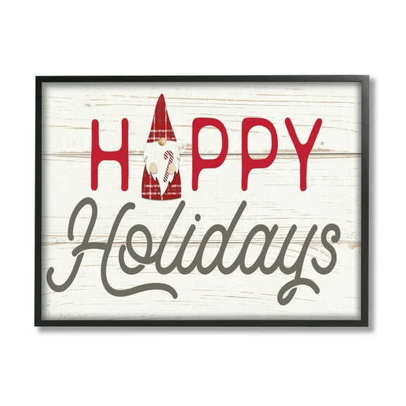 Stupell Industries Happy Holidays Phrase Festive Plaid Christmas Gnome Fairy Tales & Fantasy Painting Black Framed Art Print Wall Art, 11 x 14