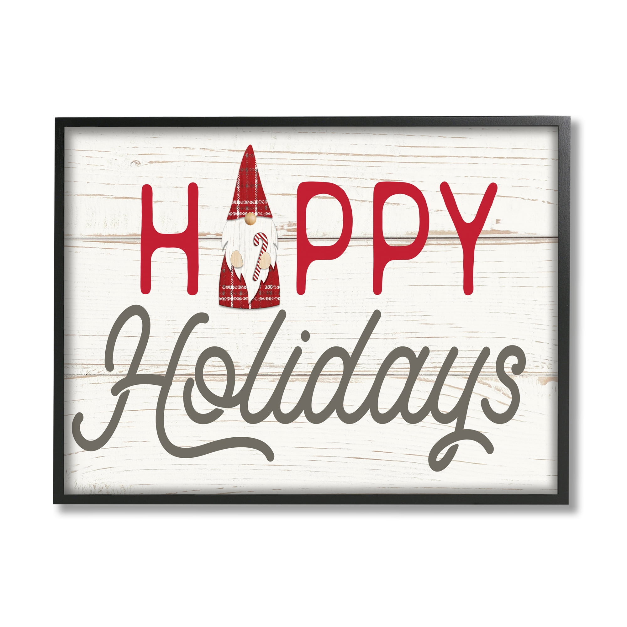 Stupell Industries Happy Holidays Phrase Festive Plaid Christmas Gnome Fairy Tales & Fantasy Painting Black Framed Art Print Wall Art, 16 x 20