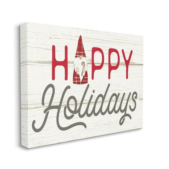 Stupell Industries Happy Holidays Phrase Festive Plaid Christmas Gnome Fairy Tales & Fantasy Painting Gallery Wrapped Canvas Art Print Wall Art, 16 x 20