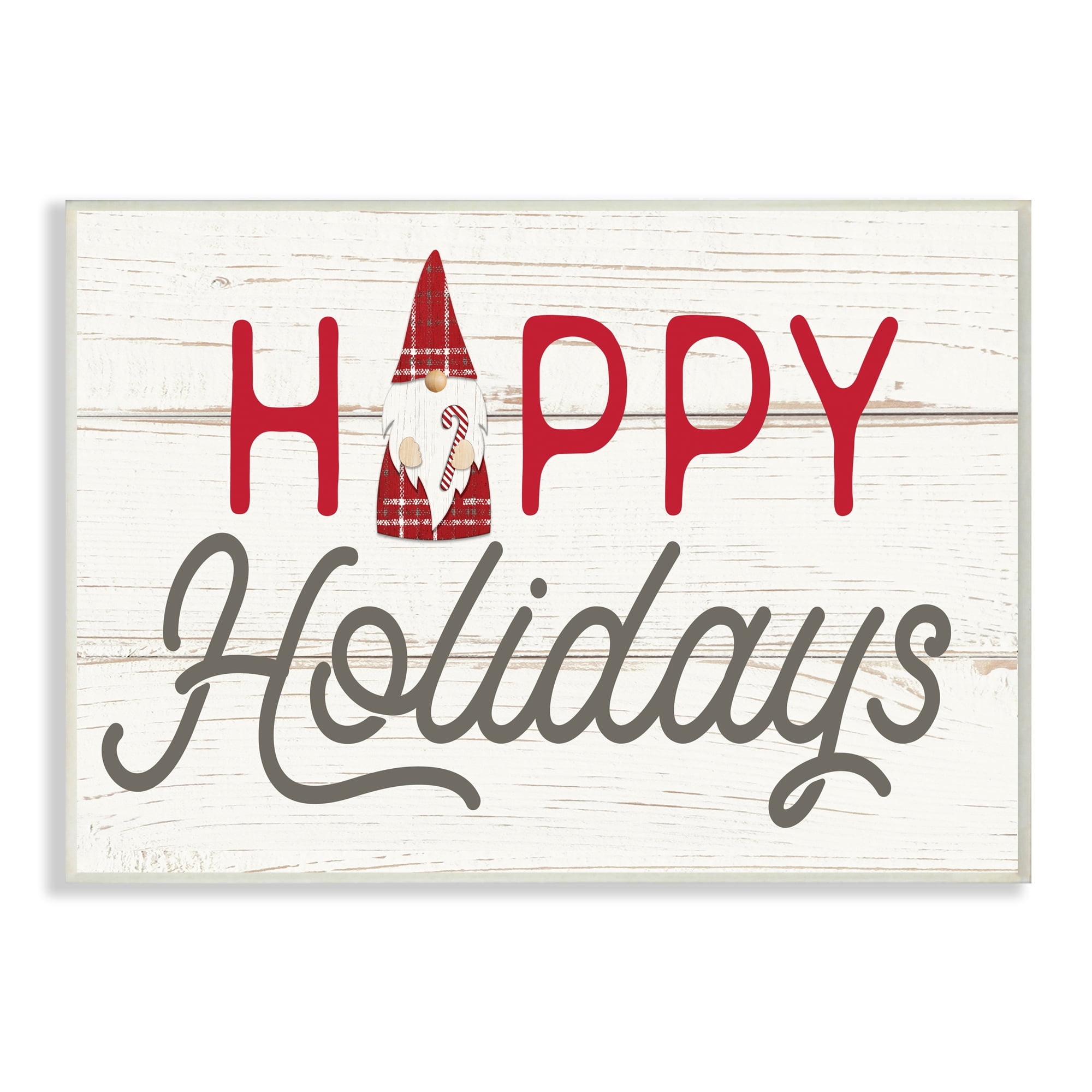 Stupell Industries Happy Holidays Phrase Festive Plaid Christmas Gnome Fairy Tales & Fantasy Painting Unframed Art Print Wall Art, 13 x 19