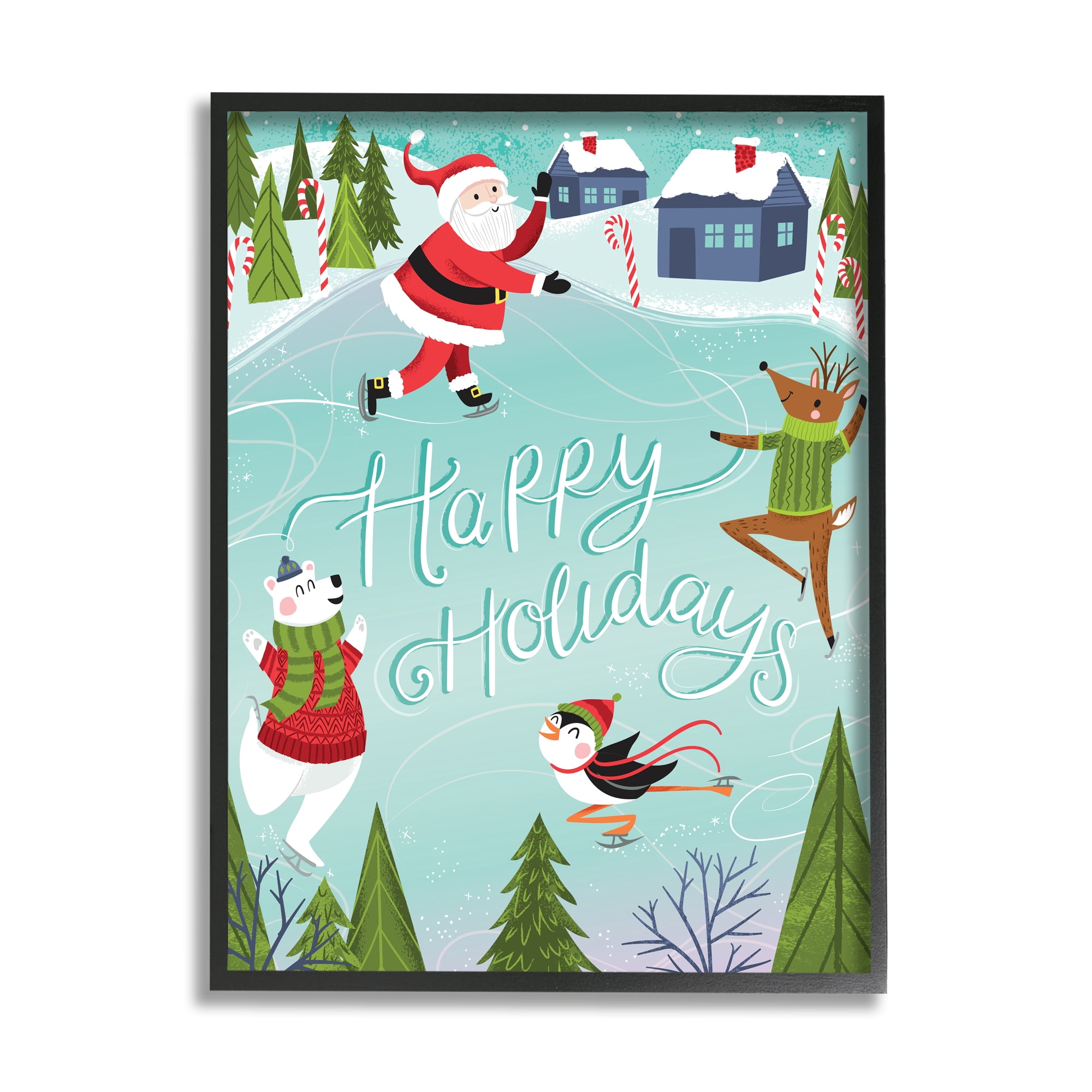 Stupell Industries Happy Holidays Phrase Festive Winter Ice Skating Animals Animals & Insects Painting Black Framed Art Print Wall Art, 11 x 14