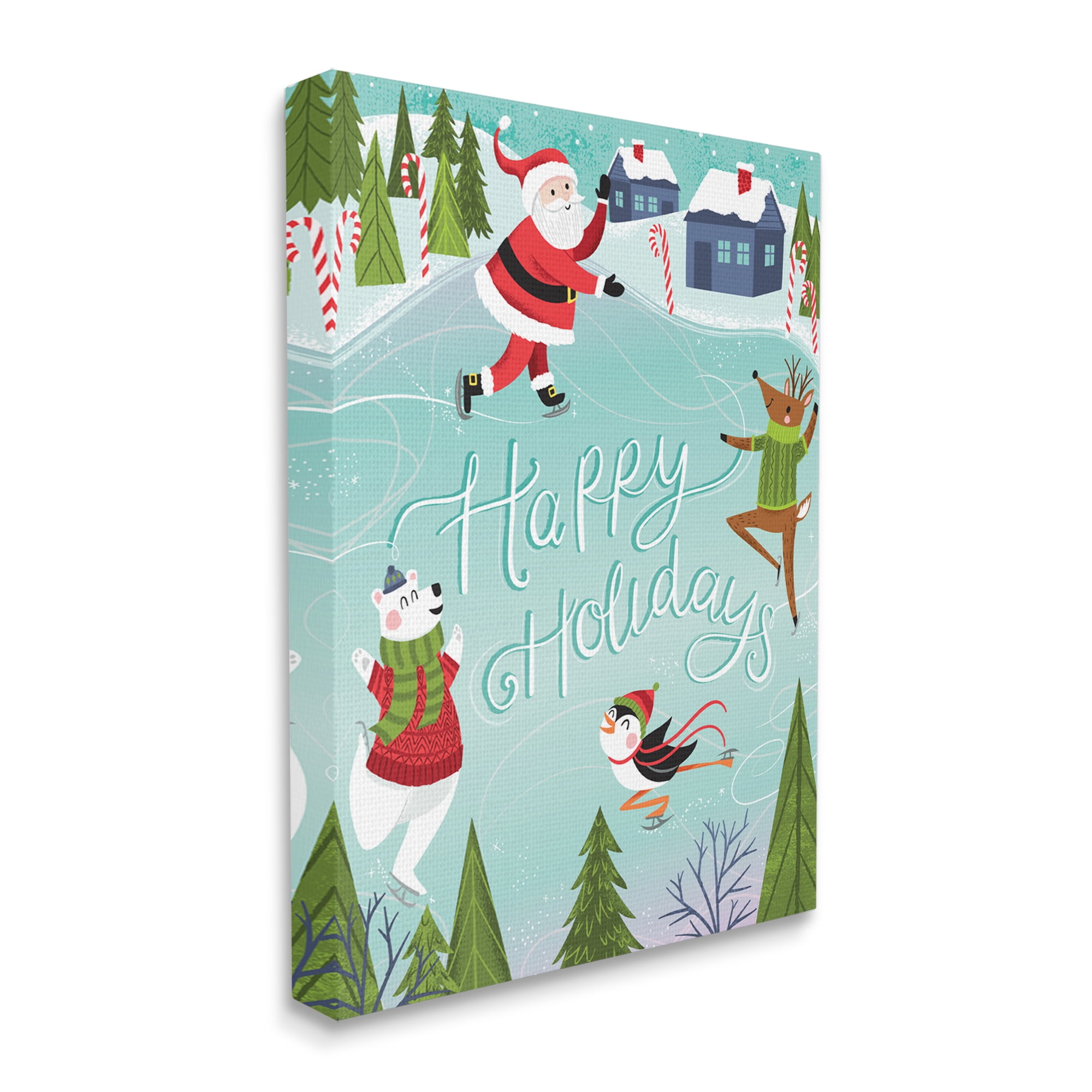 Stupell Industries Happy Holidays Phrase Festive Winter Ice Skating Animals Animals & Insects Painting Gallery Wrapped Canvas Print Wall Art, 24 x 30