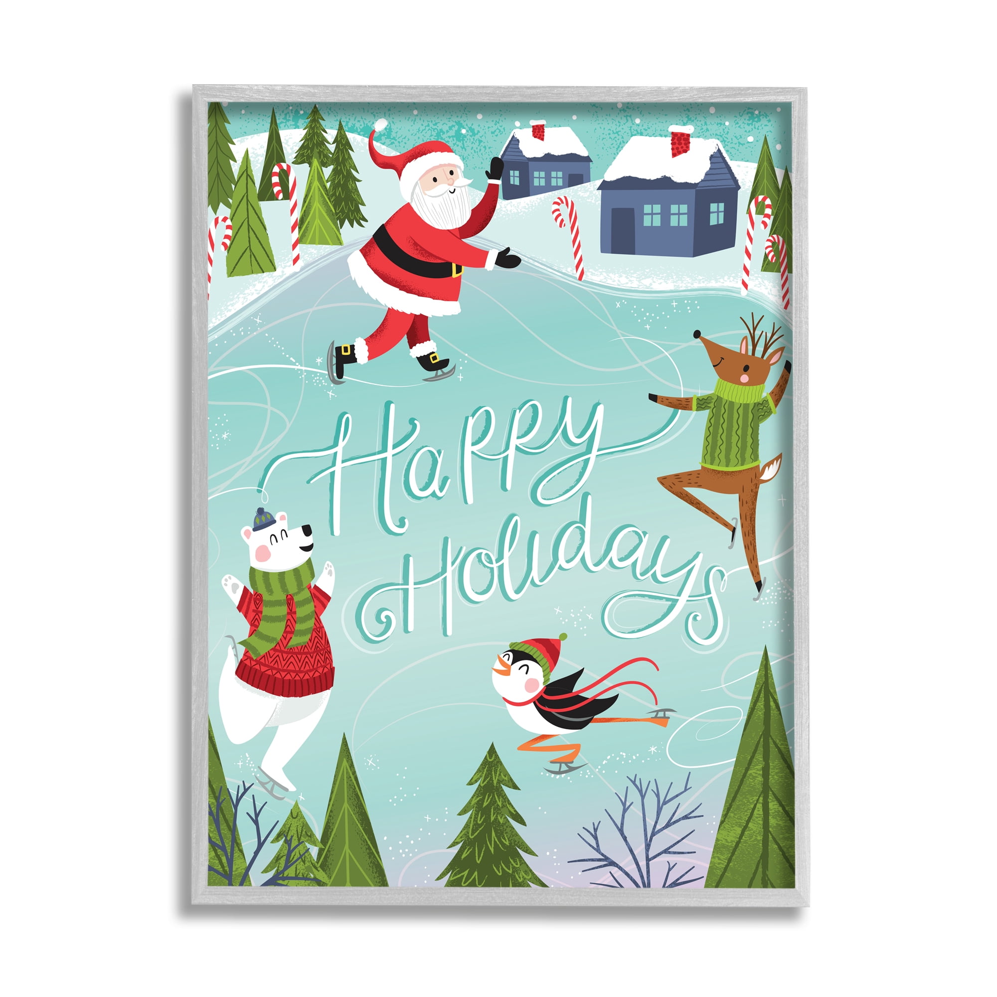 Stupell Industries Happy Holidays Phrase Festive Winter Ice Skating Animals Animals & Insects Painting Gray Framed Art Print Wall Art, 24 x 30