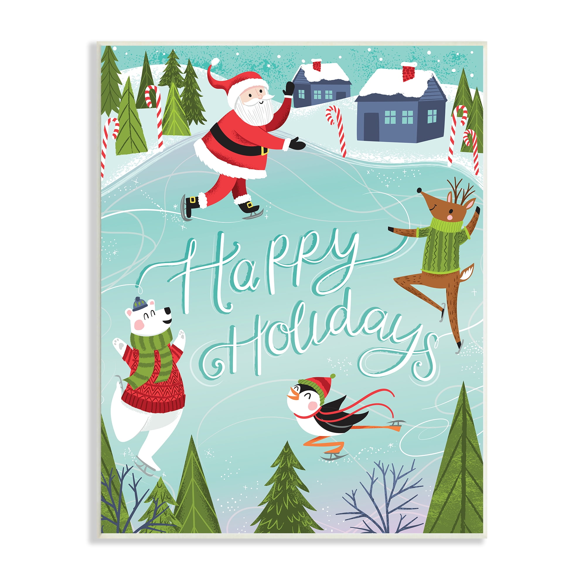 Stupell Industries Happy Holidays Phrase Festive Winter Ice Skating Animals Animals & Insects Painting Unframed Art Print Wall Art, 10 x 15