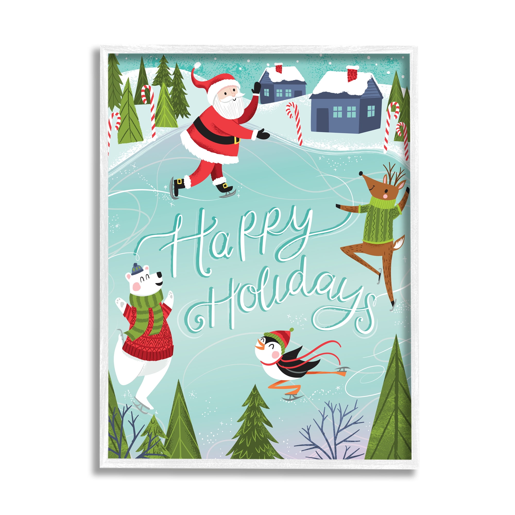 Stupell Industries Happy Holidays Phrase Festive Winter Ice Skating Animals Animals & Insects Painting White Framed Art Print Wall Art, 11 x 14