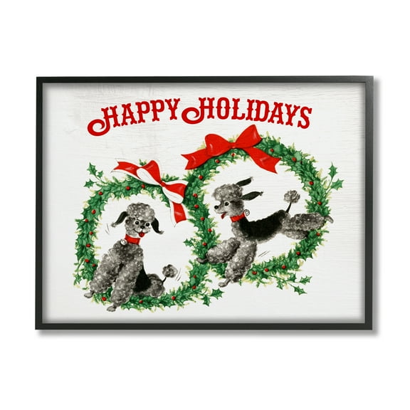 Stupell Industries Happy Holidays Saying Festive Toy Poodle Wreaths Animals & Insects Painting Black Framed Art Print Wall Art, 11 x 14