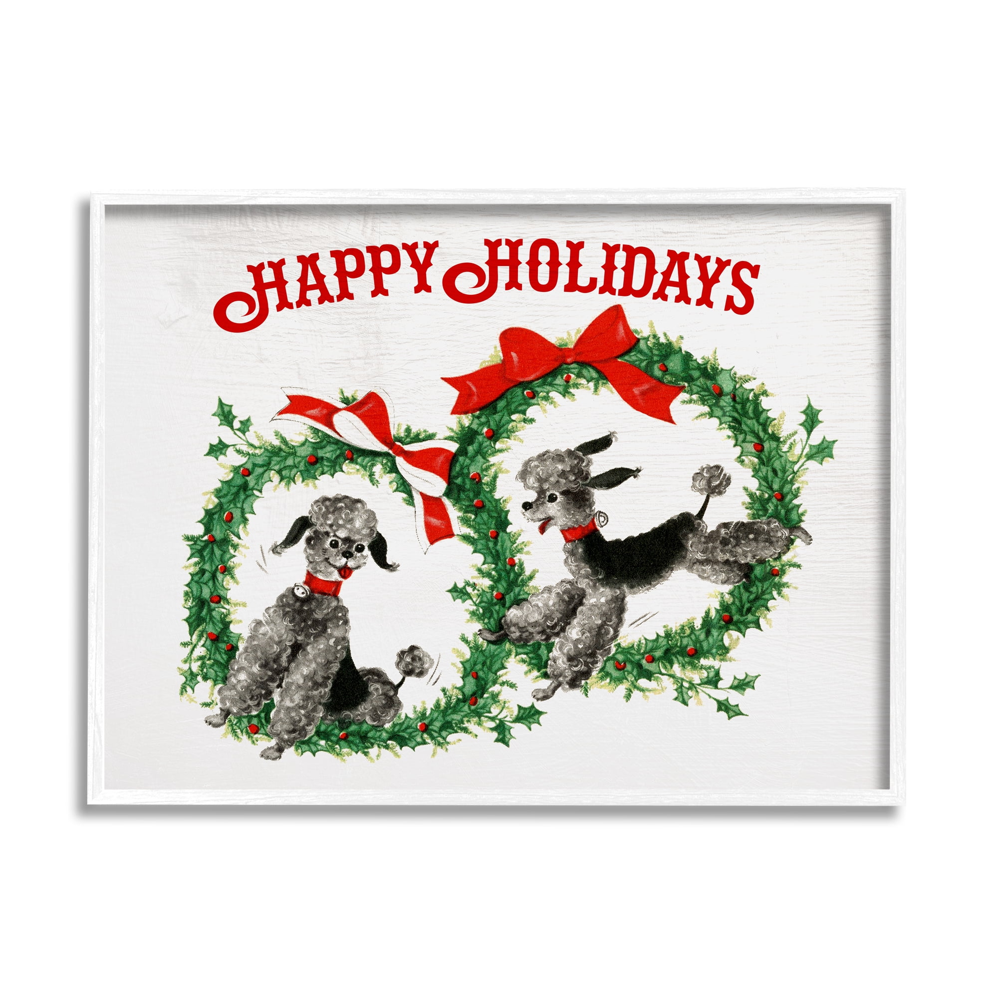 Stupell Industries Happy Holidays Saying Festive Toy Poodle Wreaths Animals & Insects Painting White Framed Art Print Wall Art, 24 x 30