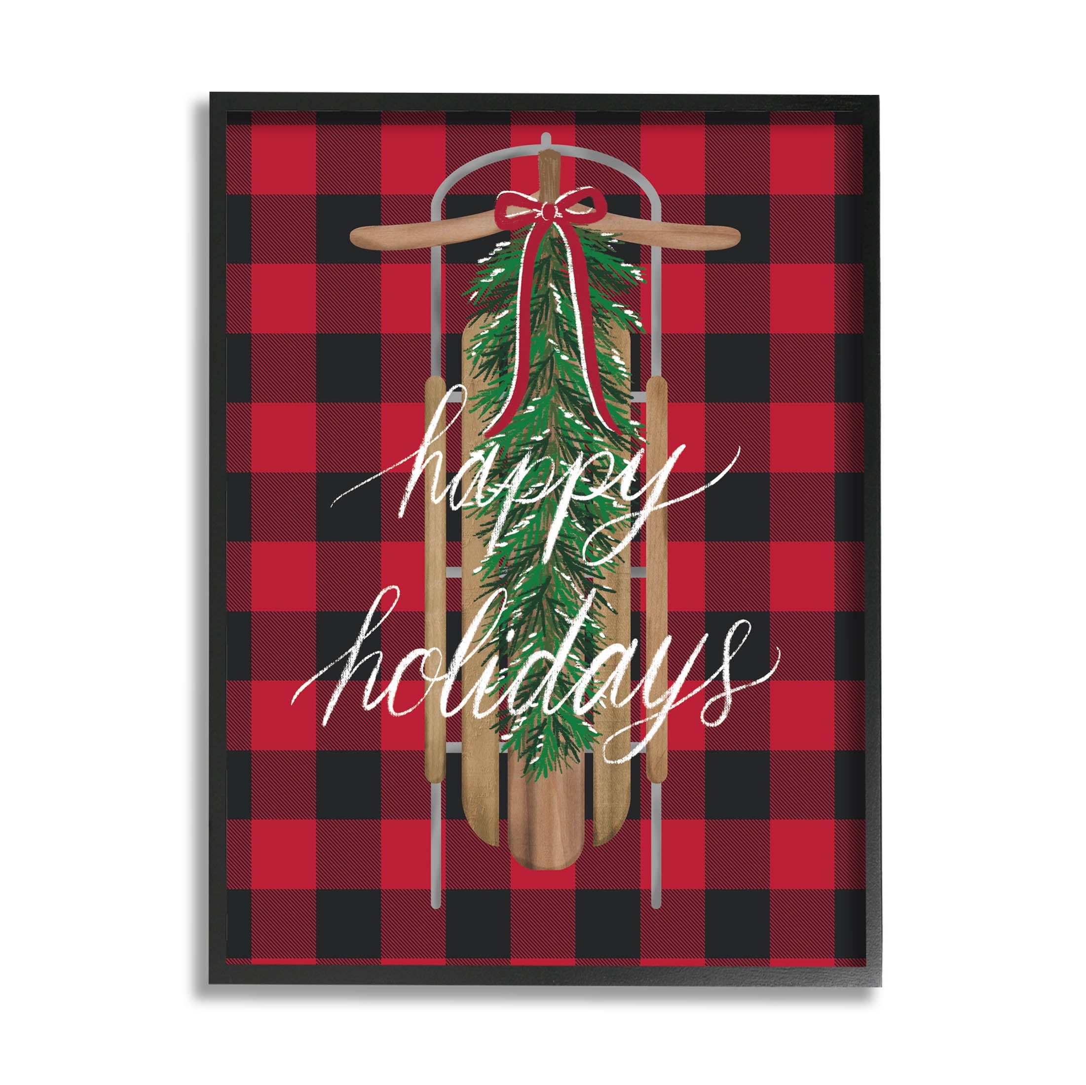 Stupell Industries Happy Holidays Tartan Sled Graphic Art Black Framed Art Print Wall Art, Design by Amanda McGee