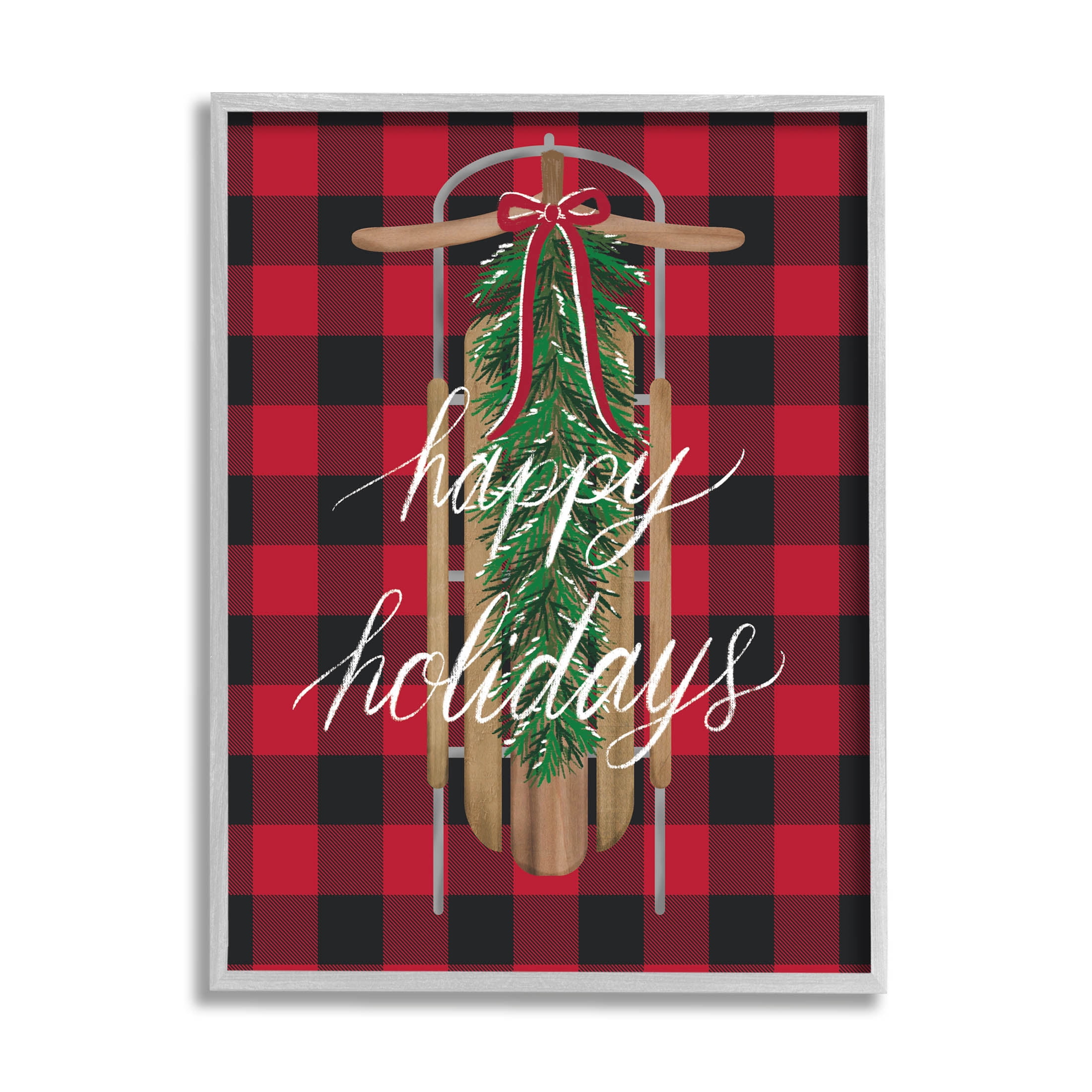 Stupell Industries Happy Holidays Tartan Sled Graphic Art Gray Framed Art Print Wall Art, Design by Amanda McGee