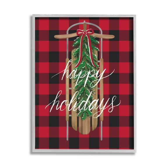 Stupell Industries Happy Holidays Tartan Sled Graphic Art Gray Framed Art Print Wall Art, Design by Amanda McGee