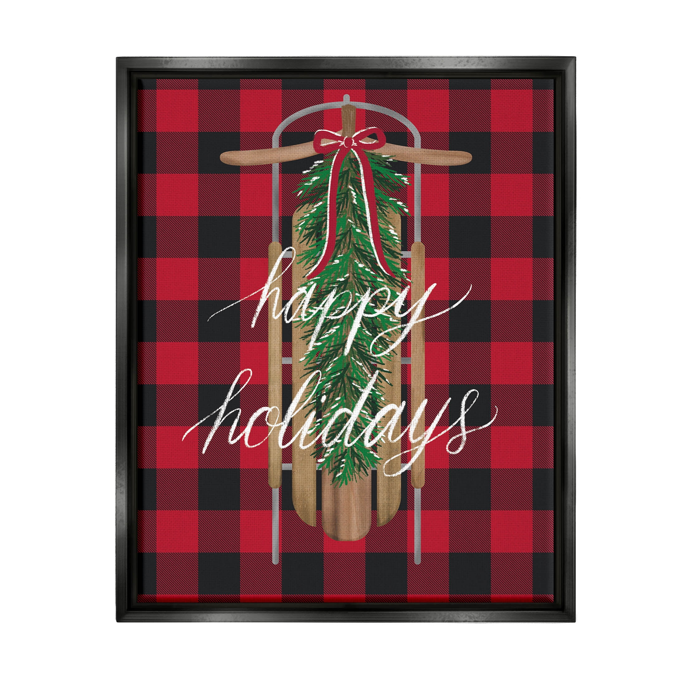 Stupell Industries Happy Holidays Tartan Sled Graphic Art Jet Black Floating Framed Canvas Print Wall Art, Design by Amanda McGee