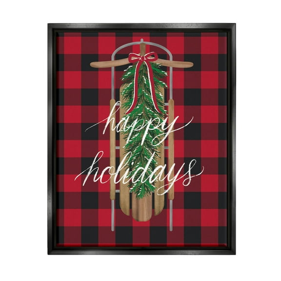 Stupell Industries Happy Holidays Tartan Sled Graphic Art Jet Black Floating Framed Canvas Print Wall Art, Design by Amanda McGee