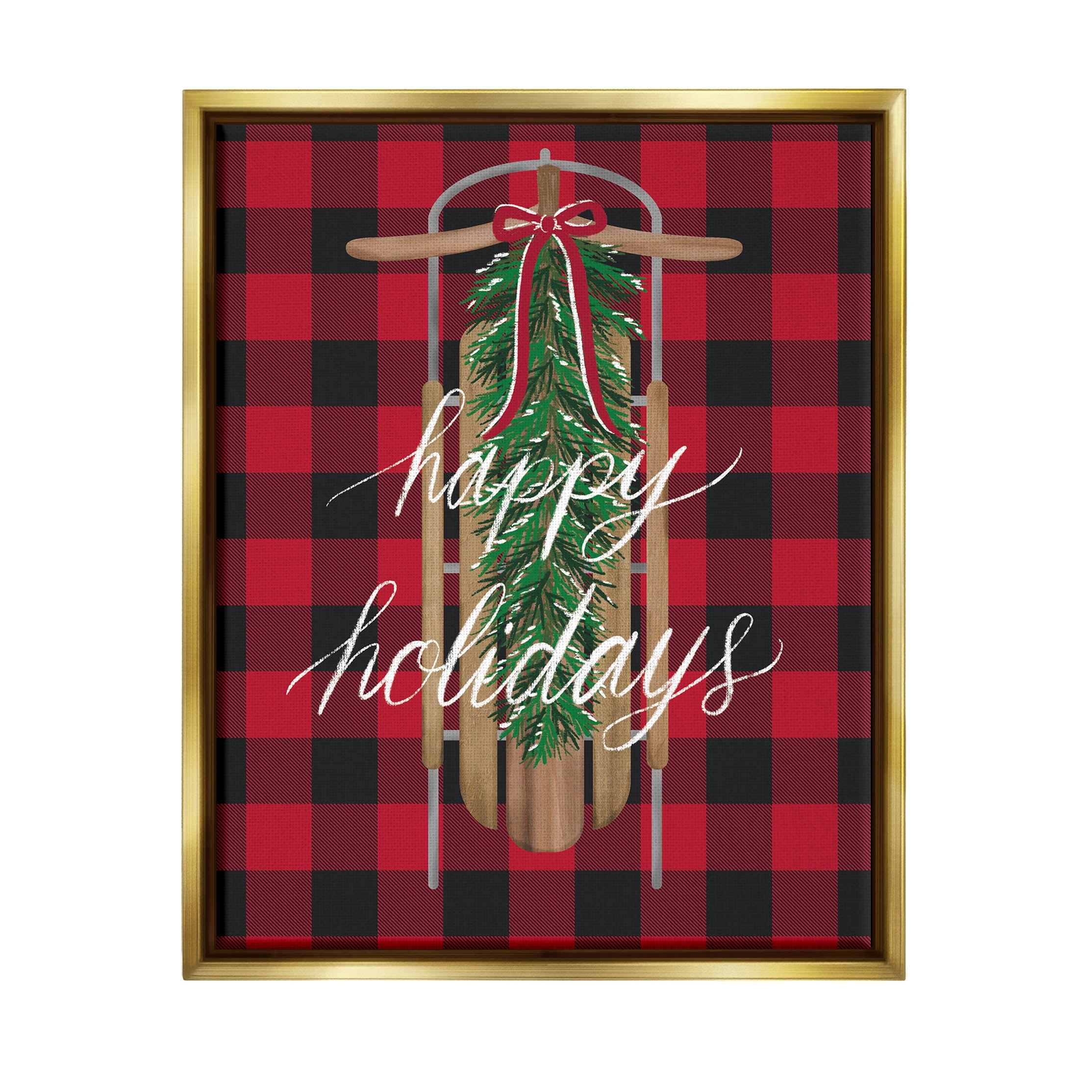 Stupell Industries Happy Holidays Tartan Sled Graphic Art Metallic Gold Floating Framed Canvas Print Wall Art, Design by Amanda McGee