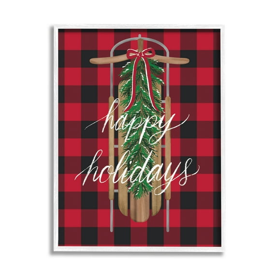Stupell Industries Happy Holidays Tartan Sled Graphic Art White Framed Art Print Wall Art, Design by Amanda McGee
