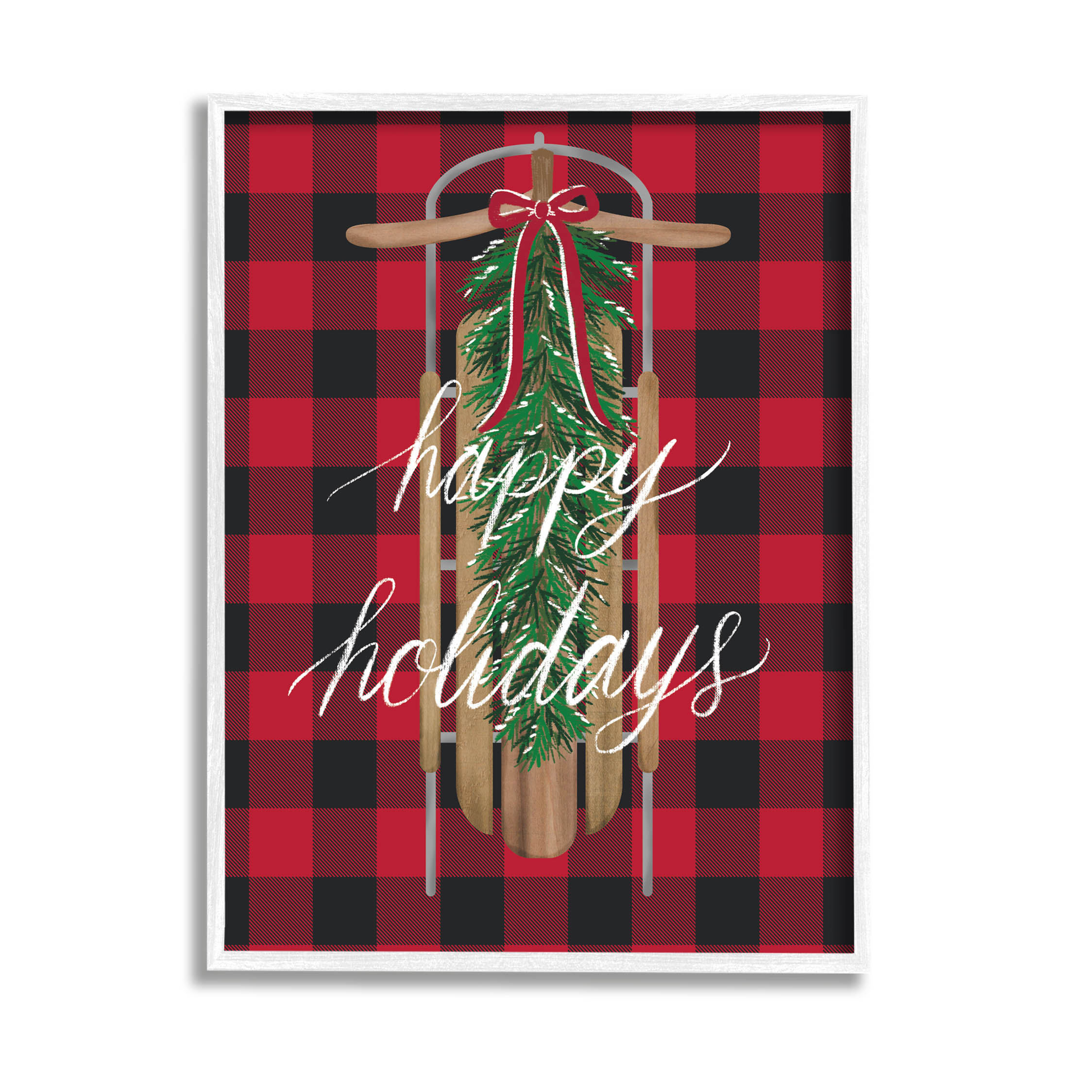 Stupell Industries Happy Holidays Tartan Sled Graphic Art White Framed Art Print Wall Art, Design by Amanda McGee