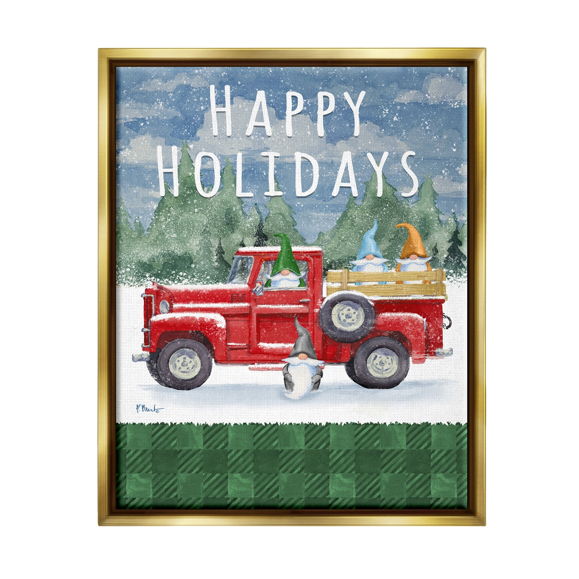 Stupell Industries Happy Holidays Truck Holiday Painting Gold Floater Framed Art Print Wall Art, 25 x 31