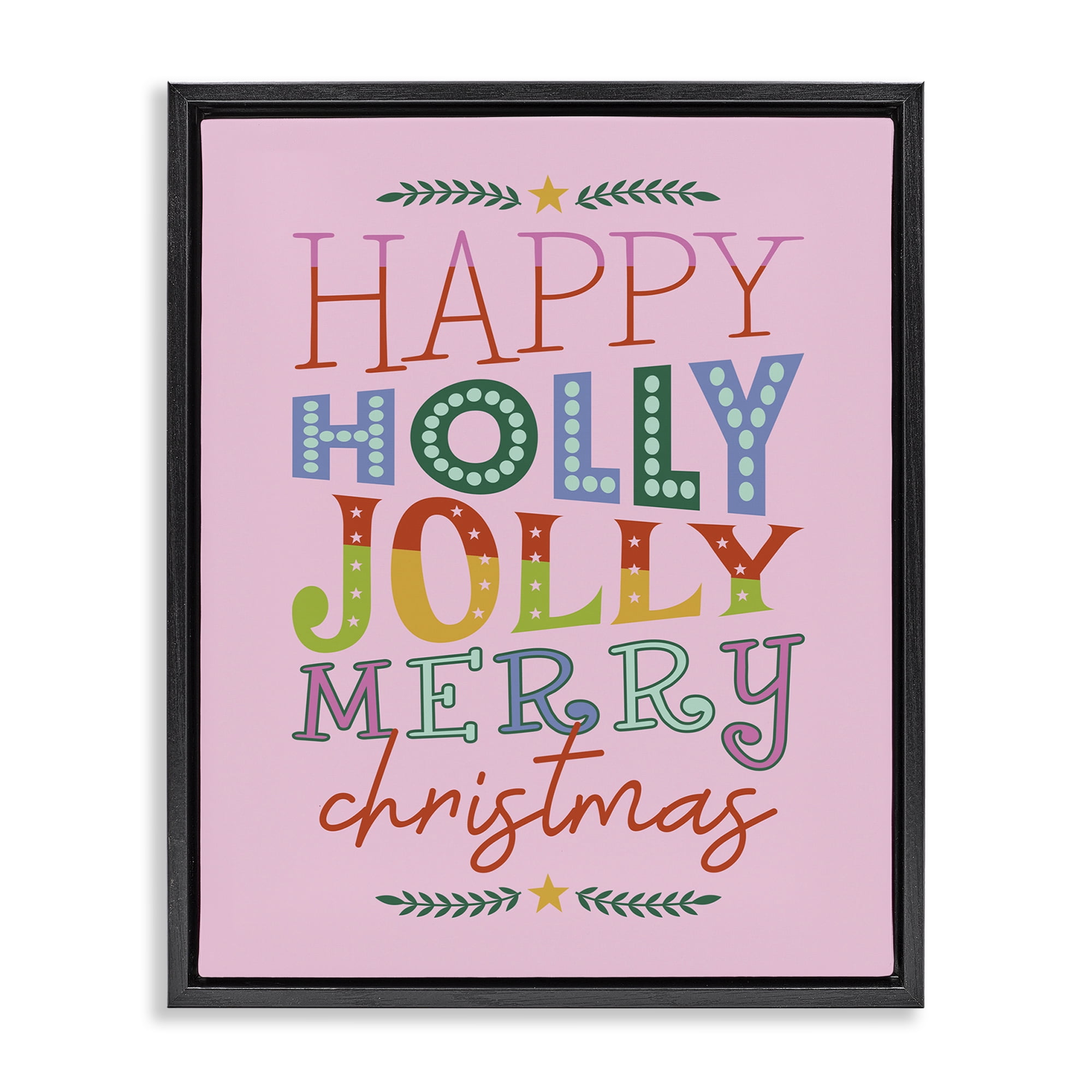 Stupell Industries Happy Holly Jolly Xmas Holiday Painting Black Floater Framed Canvas Art Prints Wall Art, 17 x 21