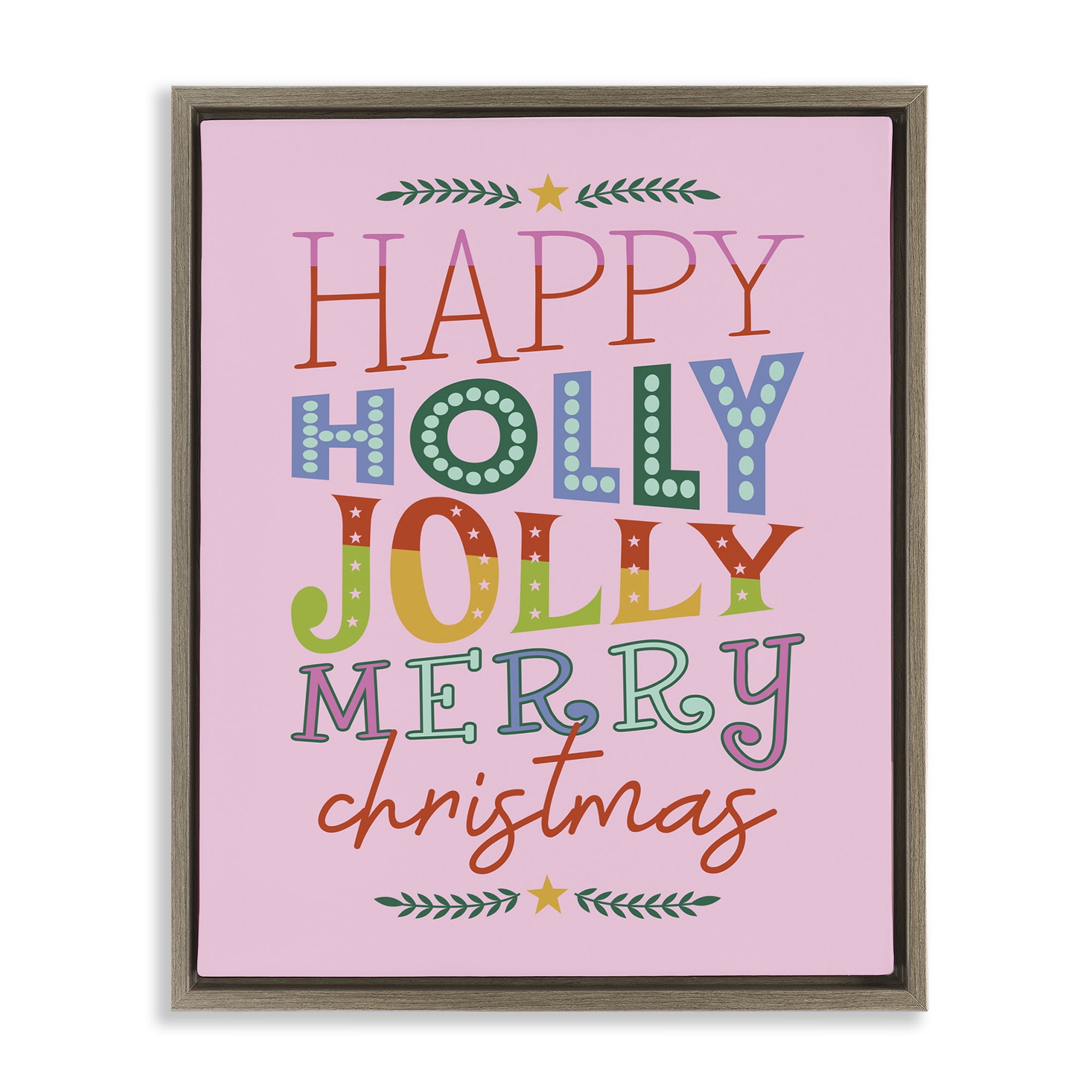 Stupell Industries Happy Holly Jolly Xmas Holiday Painting Brown Floater Framed Canvas Art Prints Wall Art, 17 x 21