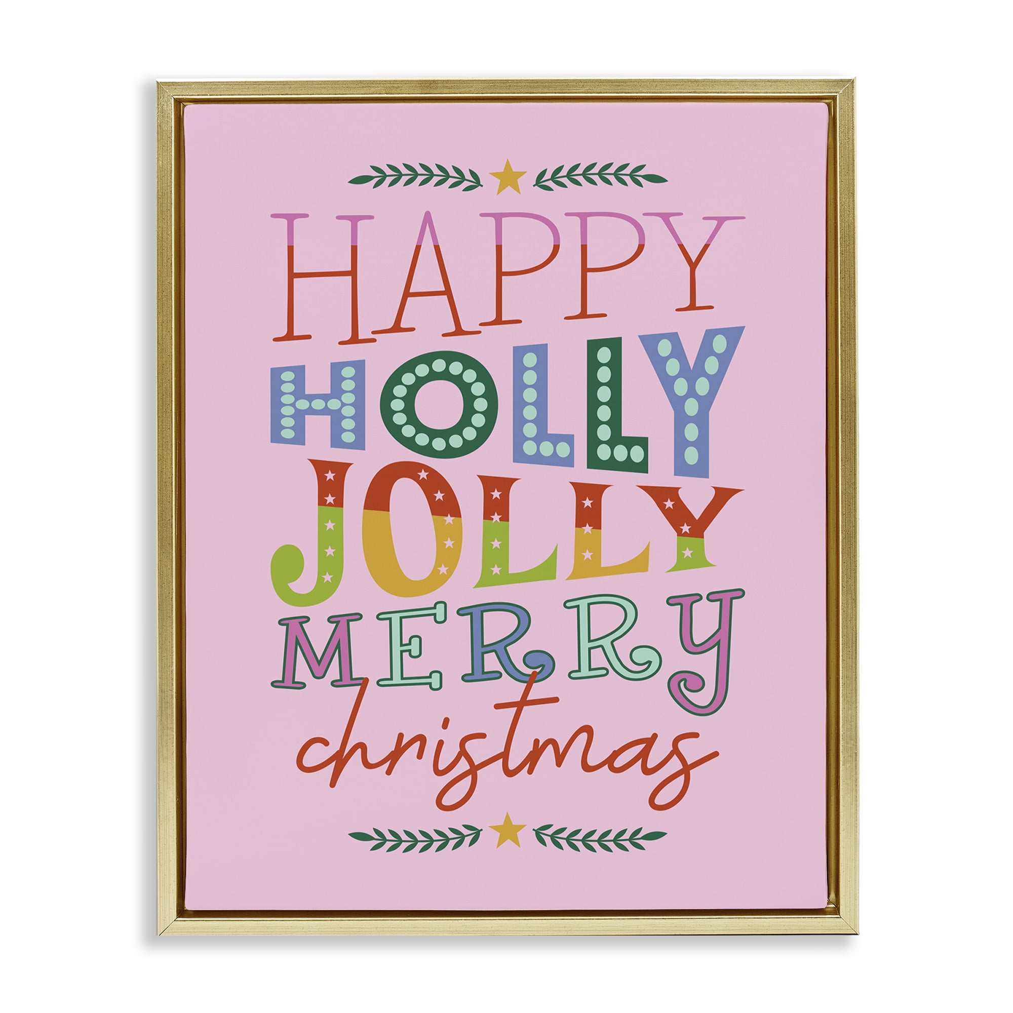 Stupell Industries Happy Holly Jolly Xmas Holiday Painting Gold Floater Framed Canvas Art Prints Wall Art, 17 x 21