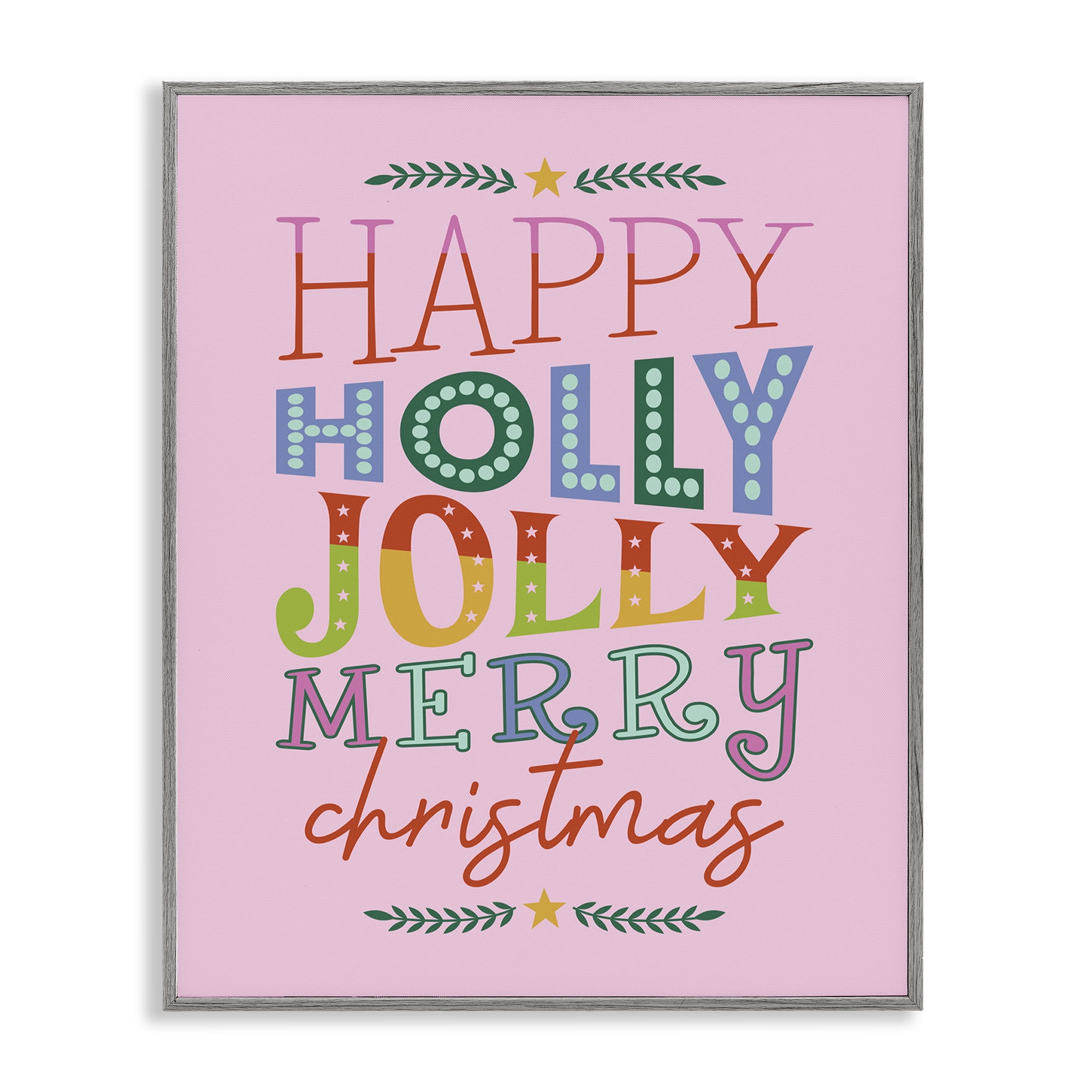 Stupell Industries Happy Holly Jolly Xmas Holiday Painting Gray Framed Art Prints Wall Art, 11 x 14