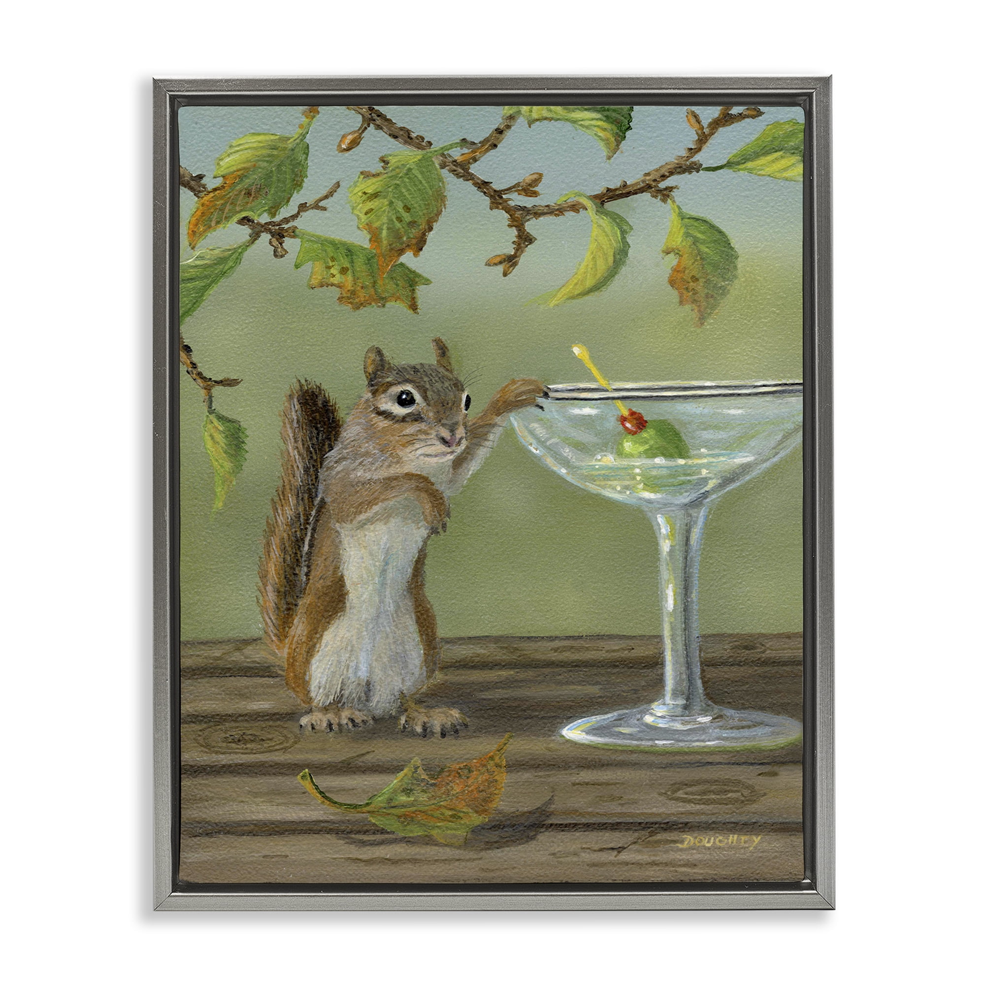 Stupell Industries Happy Hour Chipmunk Food & Beverage Painting Gray Floater Framed Canvas Art Print Wall Art, 25 x 31