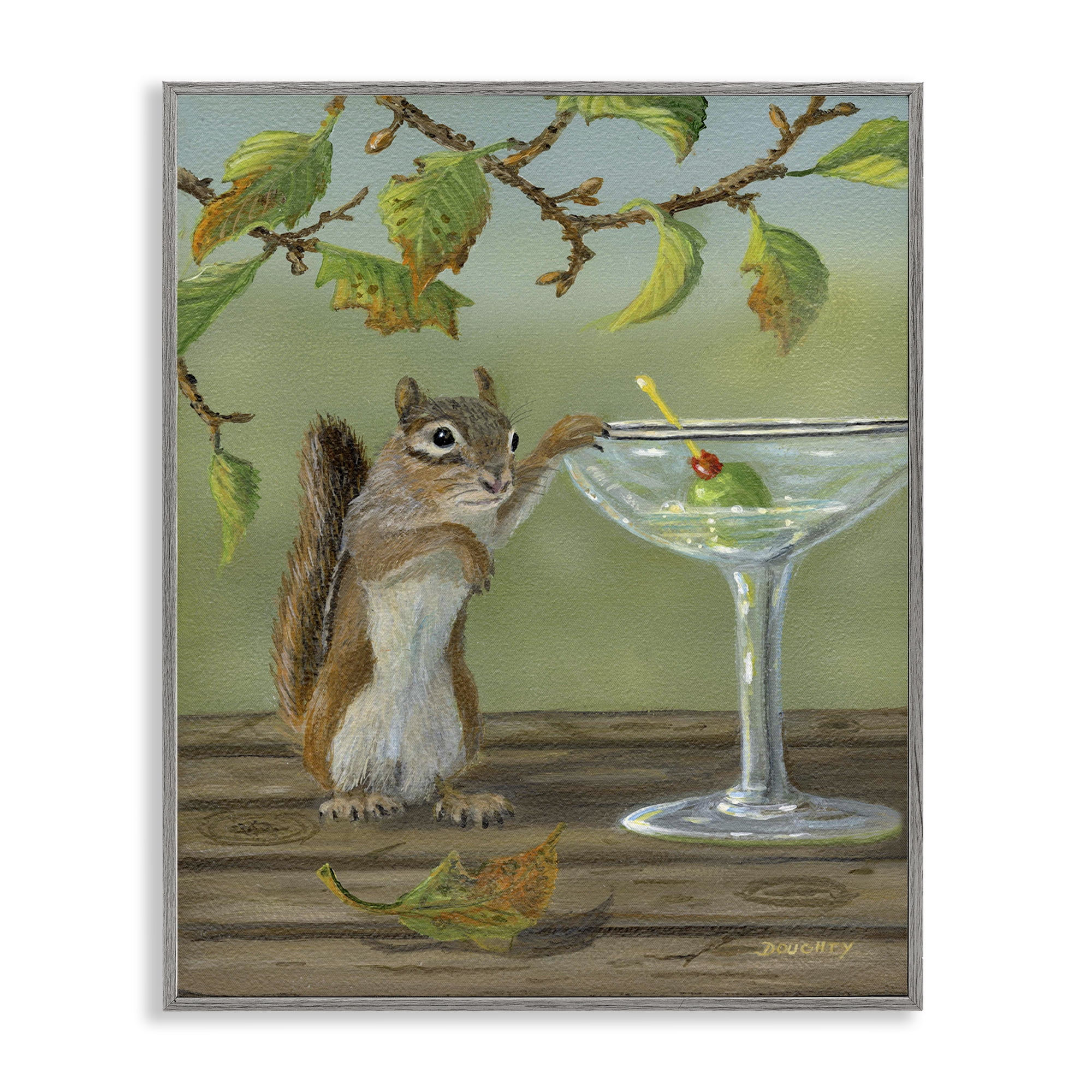 Stupell Industries Happy Hour Chipmunk Food & Beverage Painting Gray Framed Art Print Wall Art, 16 x 20